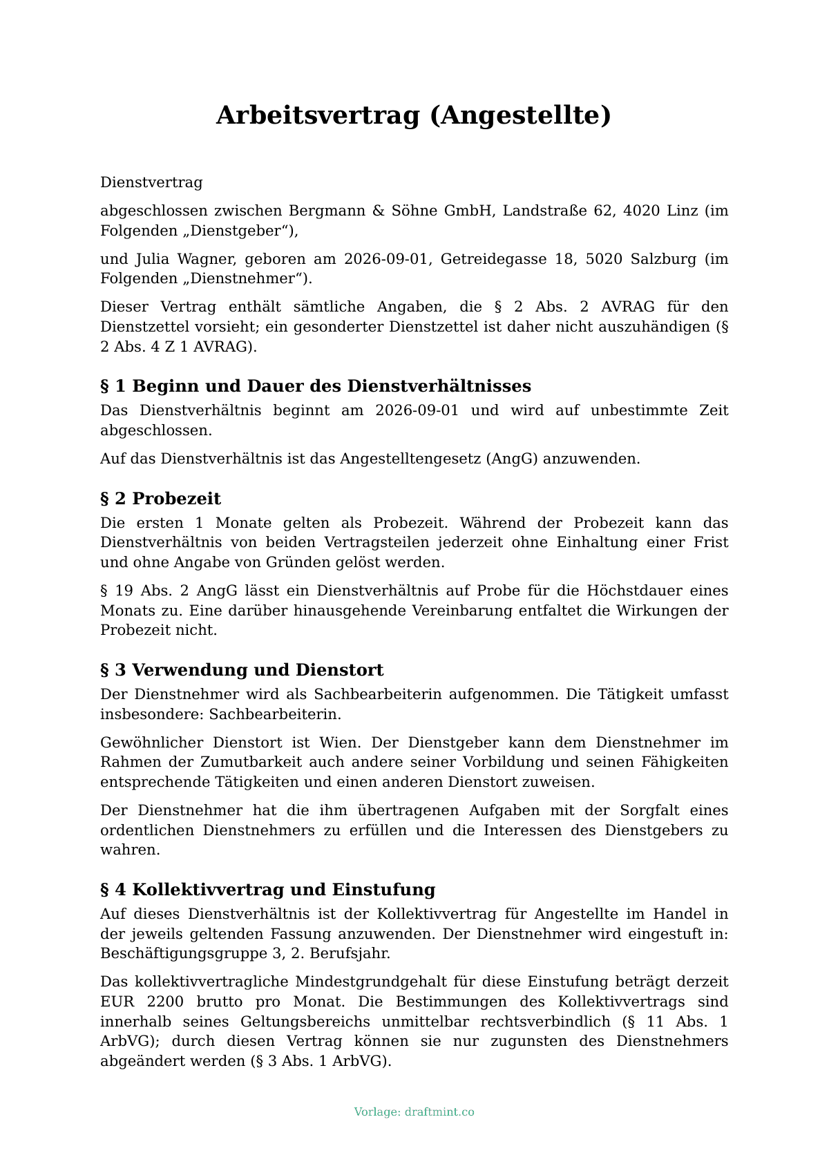 Arbeitsvertrag (Angestellte) — ausgefüllte Vorlage, Muster als PDF