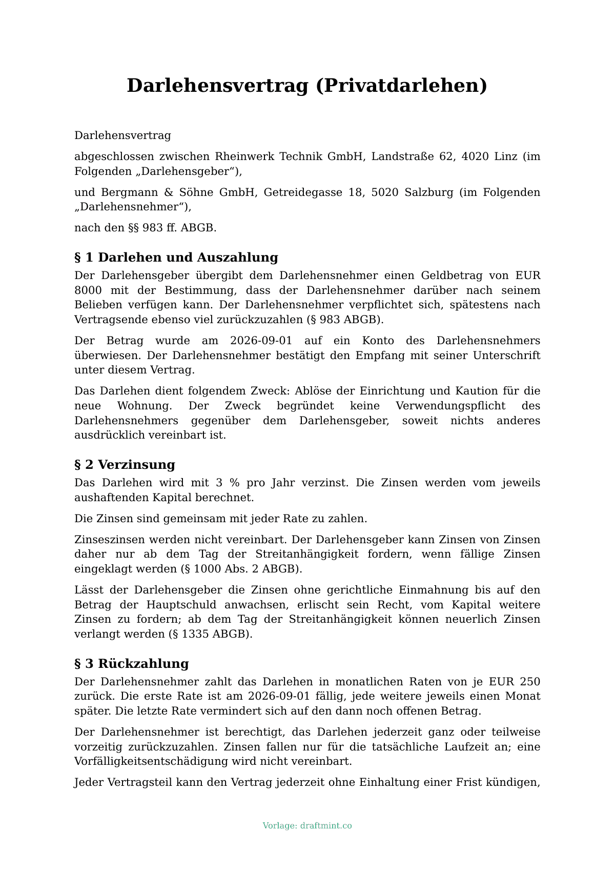 Darlehensvertrag (Privatdarlehen) — ausgefüllte Vorlage, Muster als PDF