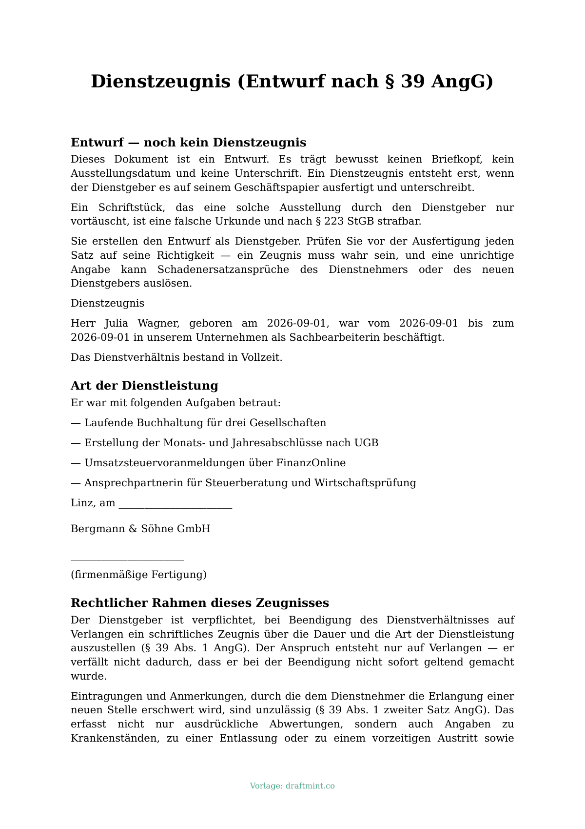 Dienstzeugnis (Entwurf nach § 39 AngG) — ausgefüllte Vorlage, Muster als PDF