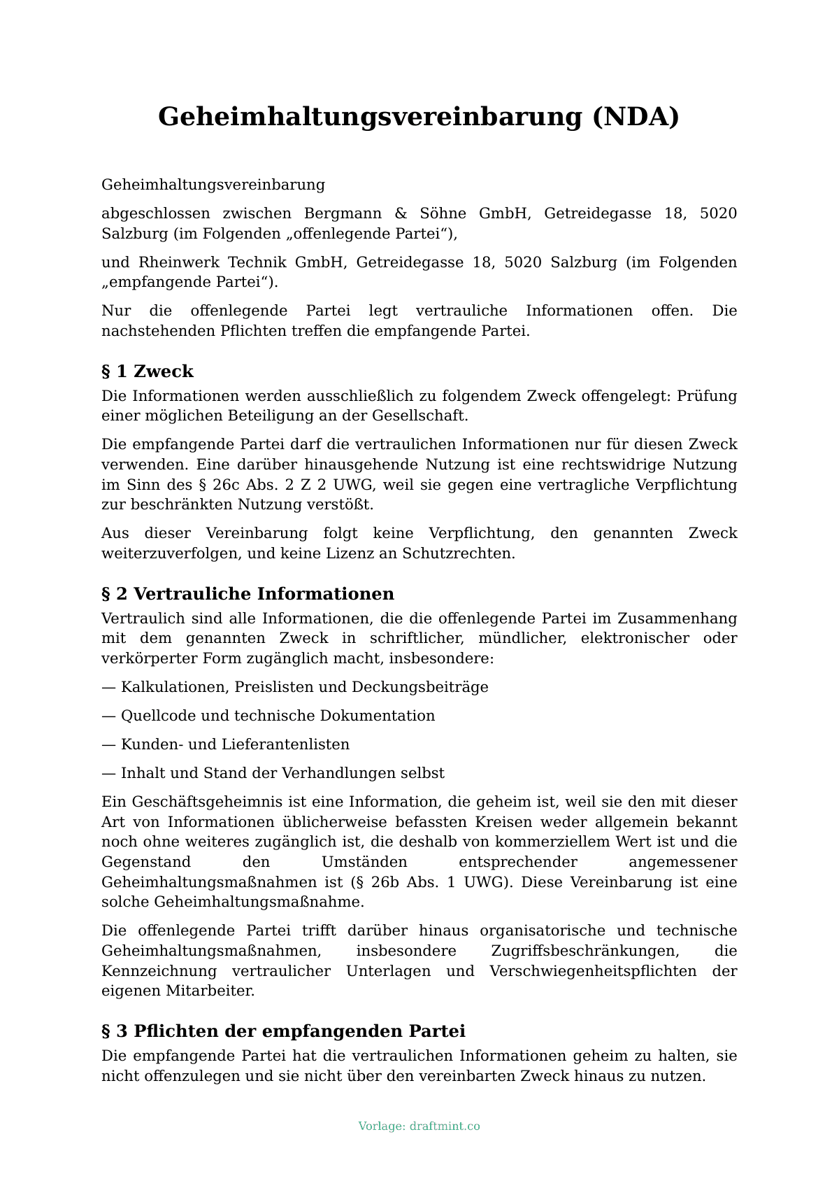 Geheimhaltungsvereinbarung (NDA) — ausgefüllte Vorlage, Muster als PDF