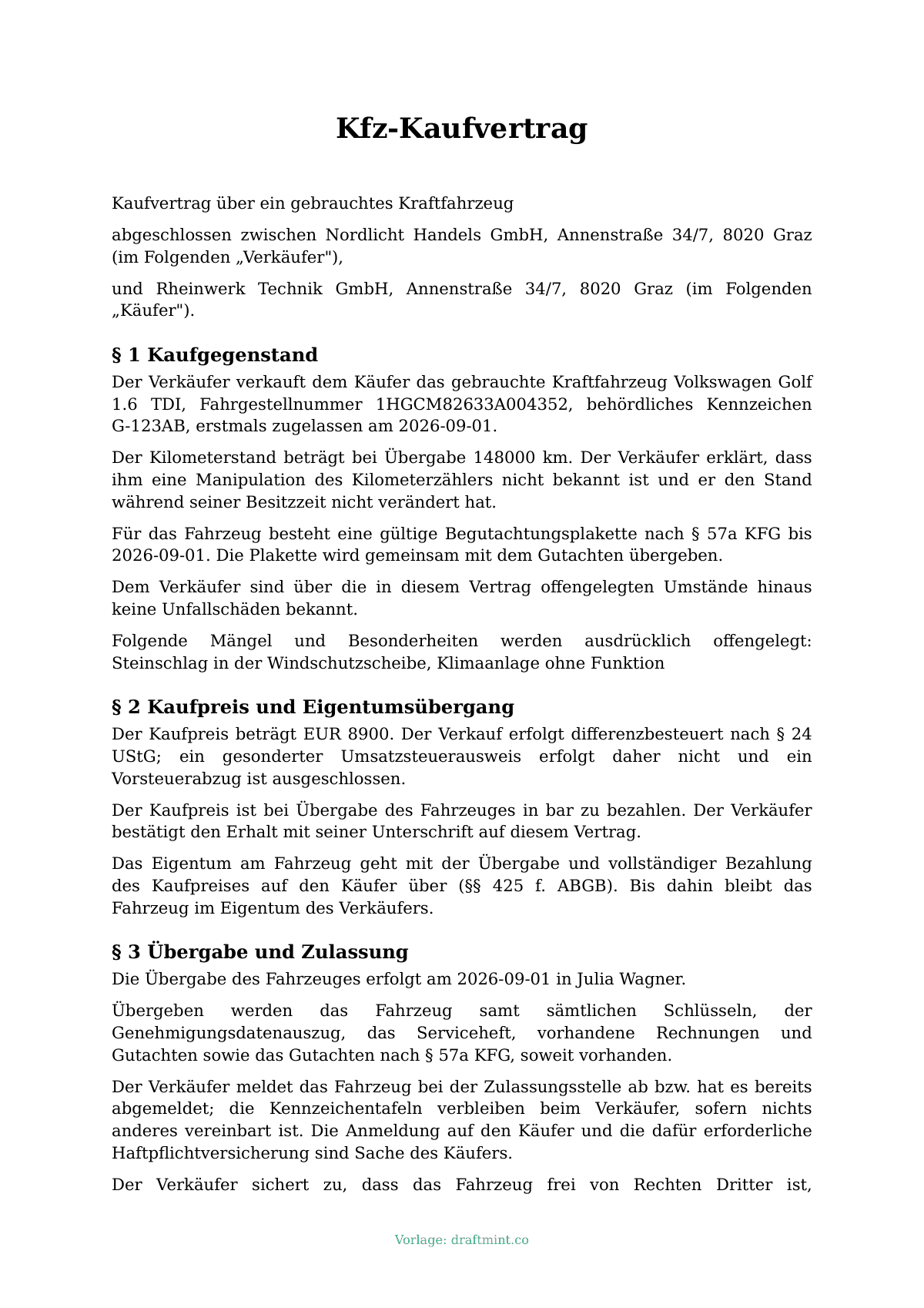 Kfz-Kaufvertrag — ausgefüllte Vorlage, Muster als PDF