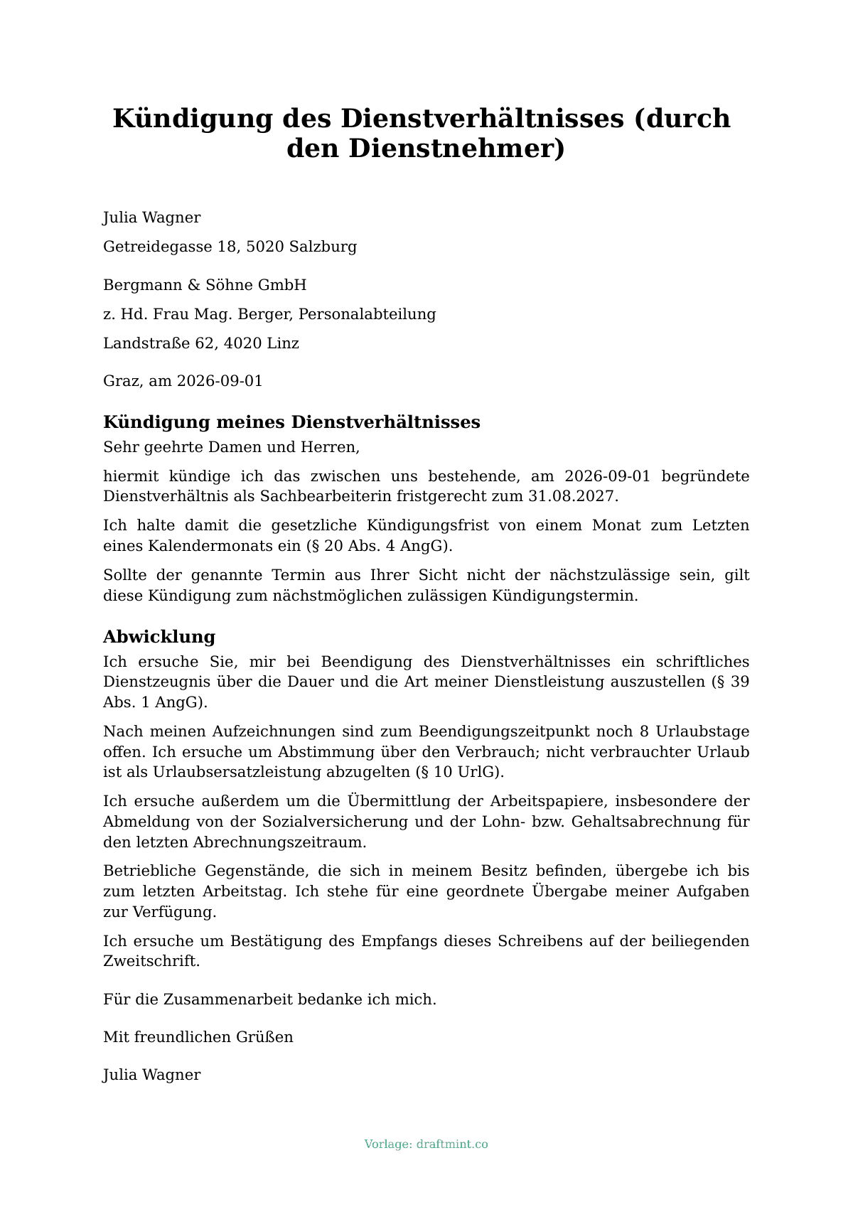 Kündigung des Dienstverhältnisses (durch den Dienstnehmer) — ausgefüllte Vorlage, Muster als PDF