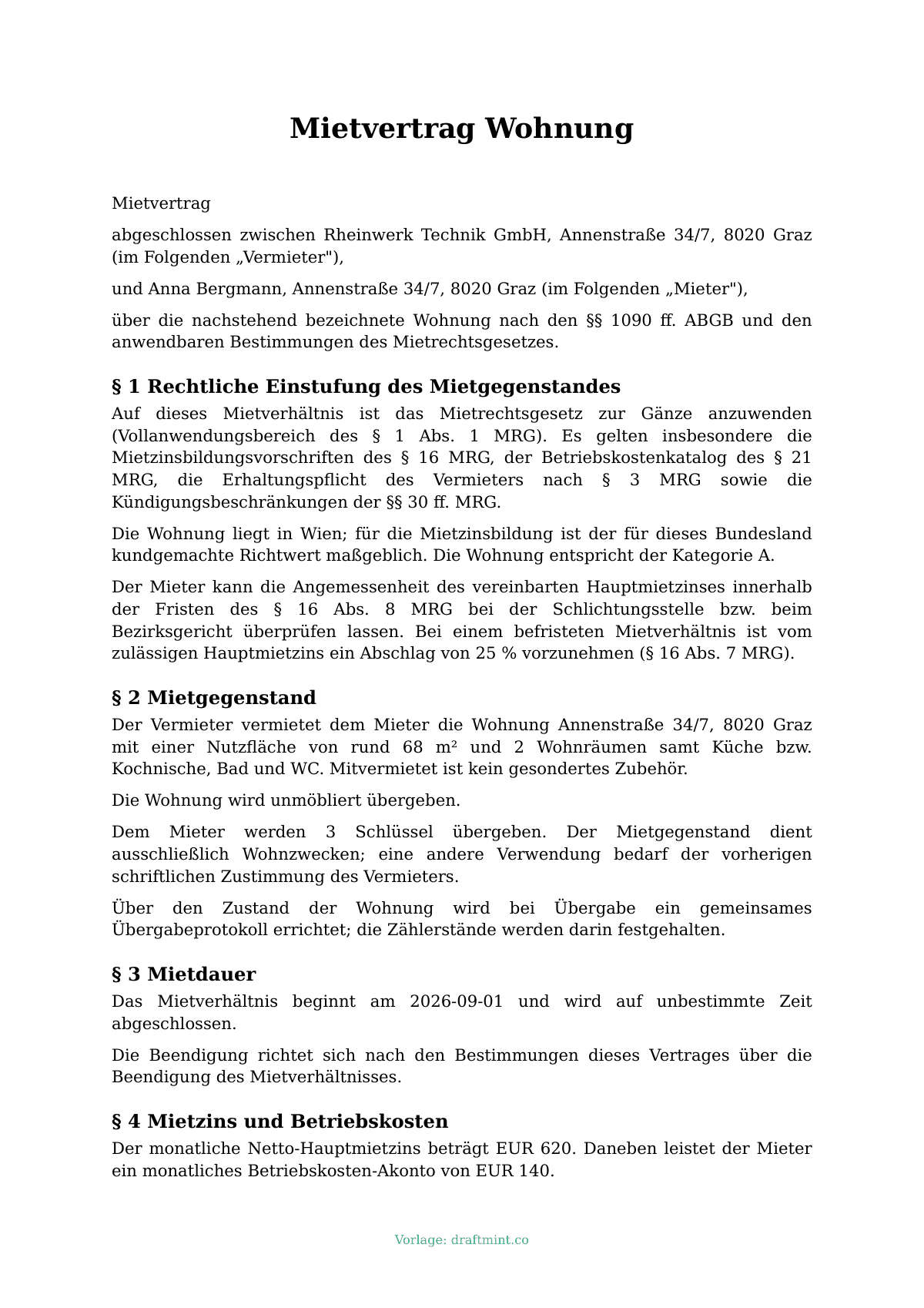 Mietvertrag Wohnung — ausgefüllte Vorlage, Muster als PDF