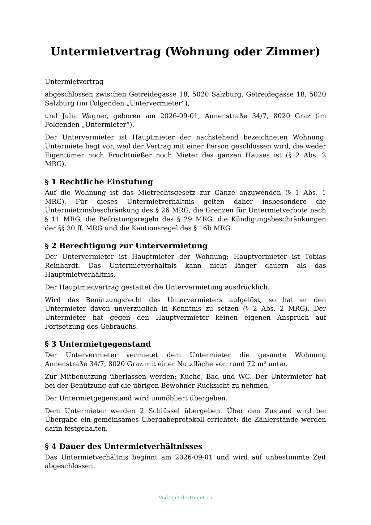 Untermietvertrag (Wohnung oder Zimmer) — ausgefüllte Vorlage, Muster als PDF