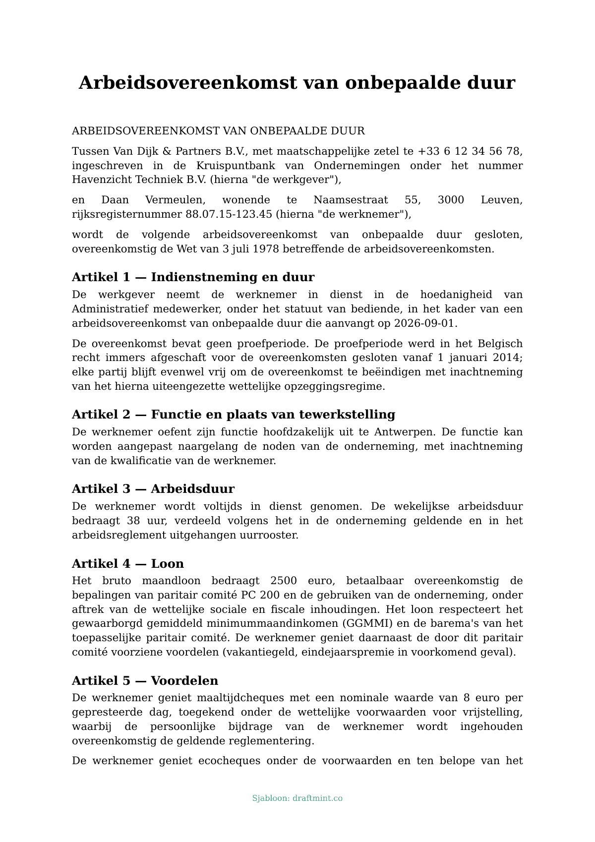 Arbeidsovereenkomst van onbepaalde duur — ingevuld sjabloon, voorbeeld in PDF