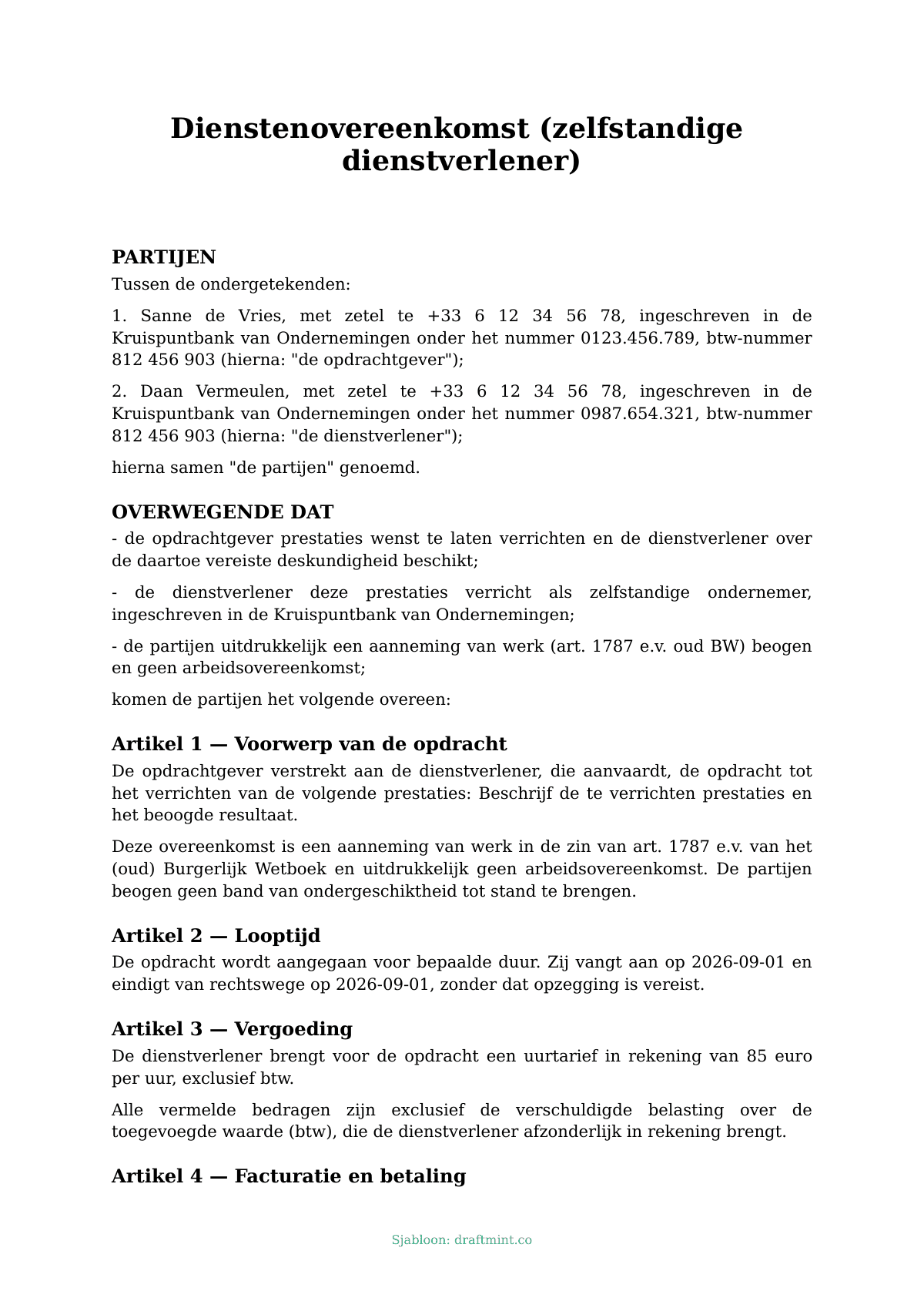 Dienstenovereenkomst (zelfstandige dienstverlener) — ingevuld sjabloon, voorbeeld in PDF