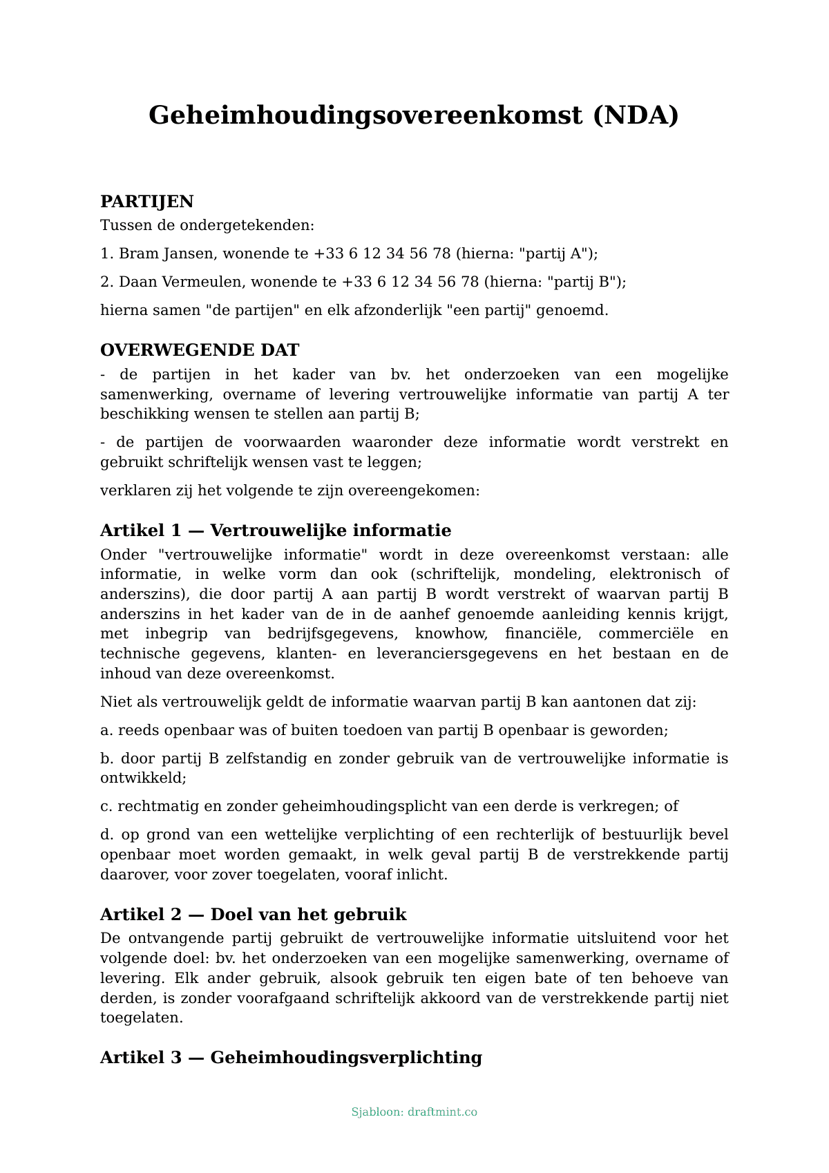 Geheimhoudingsovereenkomst (NDA) — ingevuld sjabloon, voorbeeld in PDF