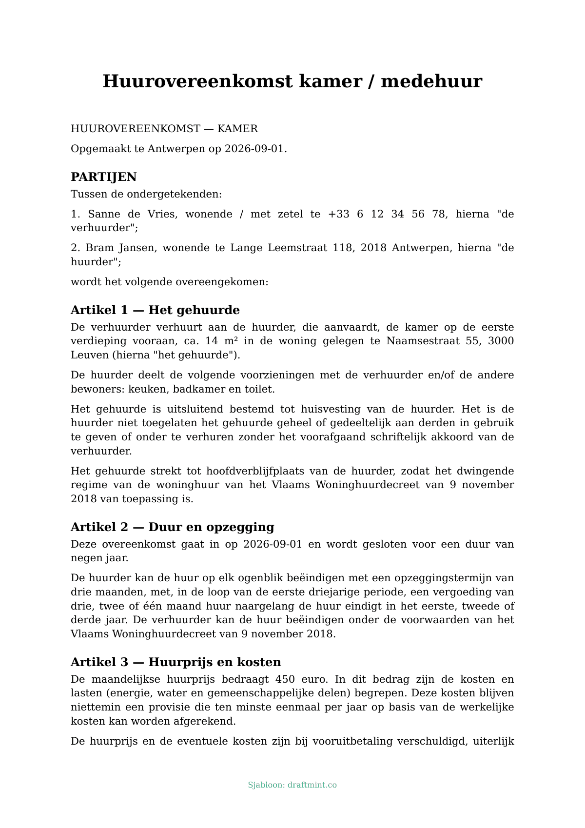 Huurovereenkomst kamer / medehuur — ingevuld sjabloon, voorbeeld in PDF