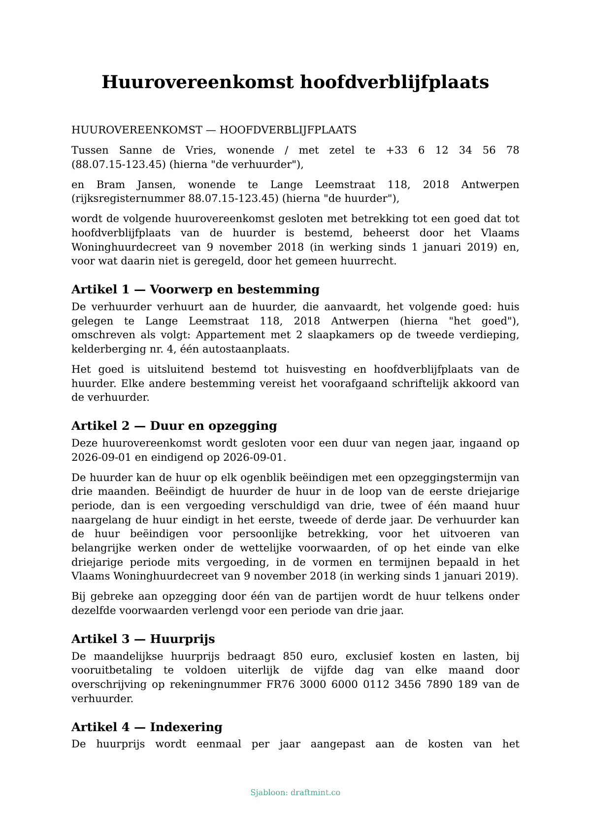 Huurovereenkomst hoofdverblijfplaats — ingevuld sjabloon, voorbeeld in PDF