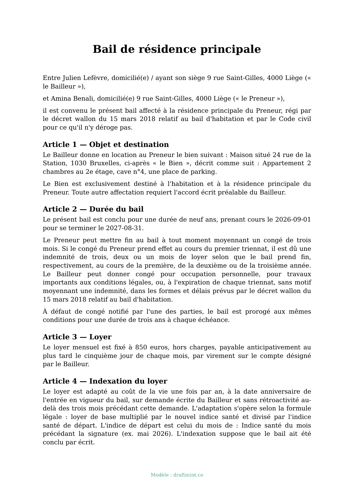 Bail de résidence principale — modèle rempli, exemple en PDF