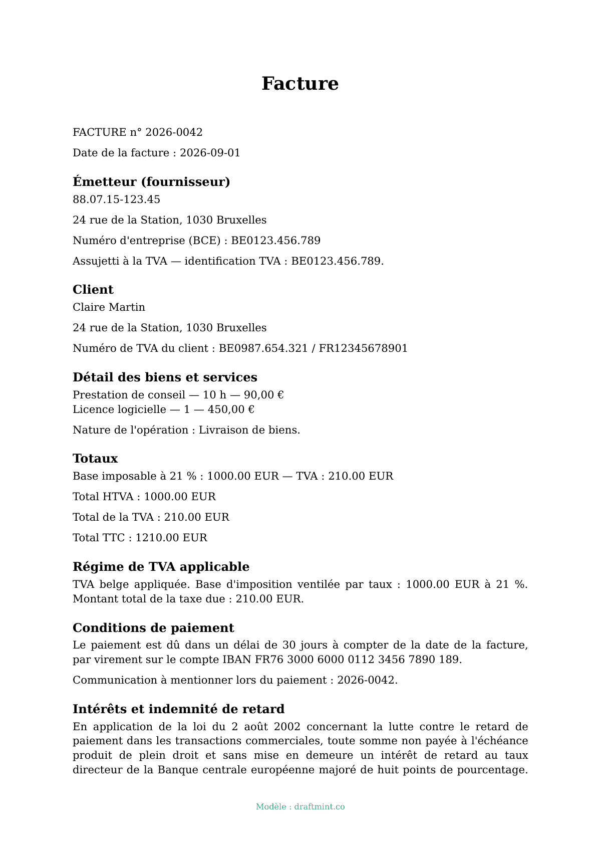 Facture — modèle rempli, exemple en PDF