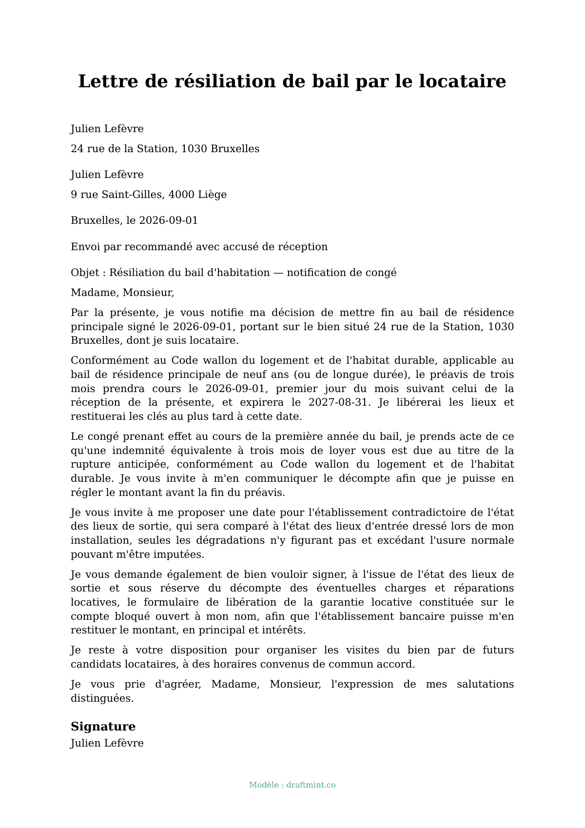 Lettre de résiliation de bail par le locataire — modèle rempli, exemple en PDF