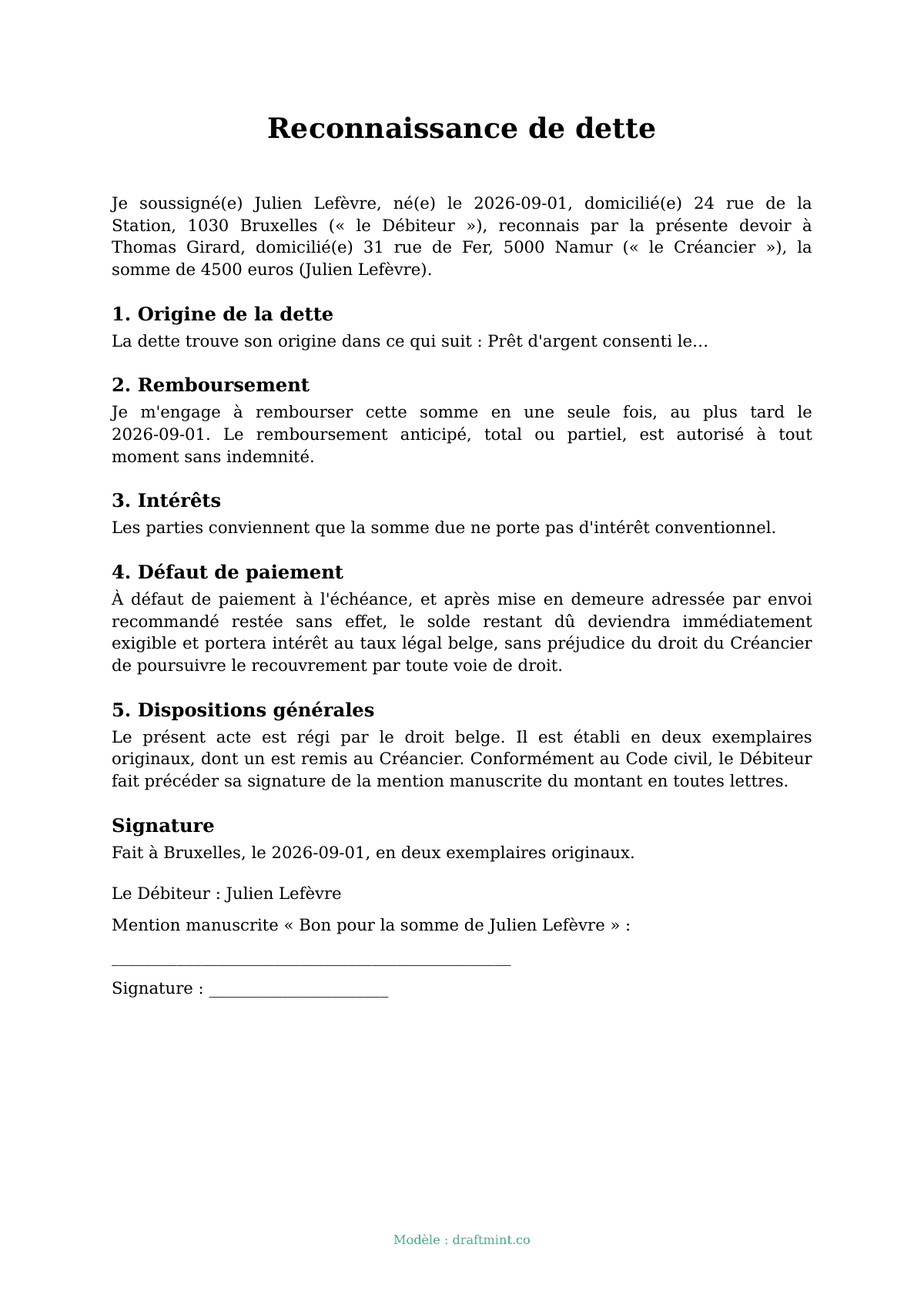 Reconnaissance de dette — modèle rempli, exemple en PDF
