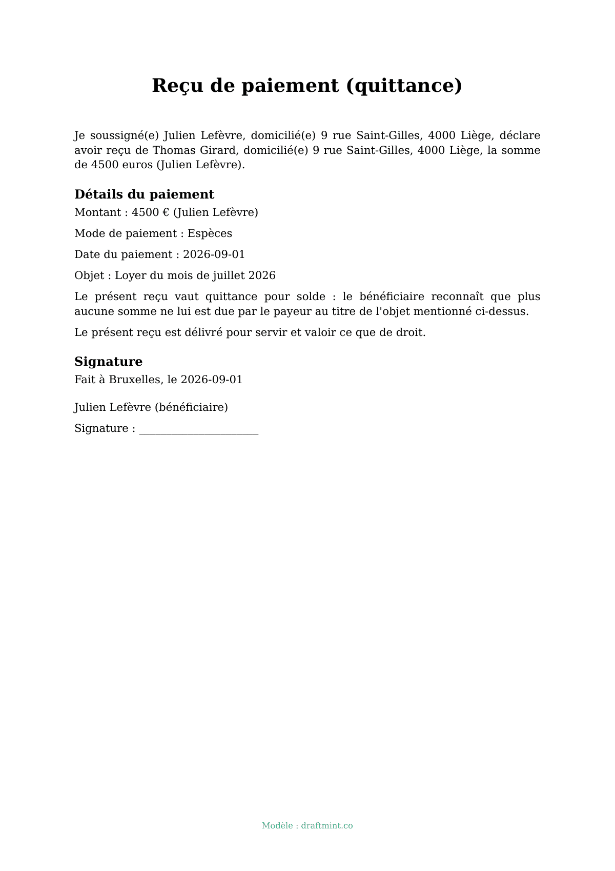 Reçu de paiement (quittance) — modèle rempli, exemple en PDF