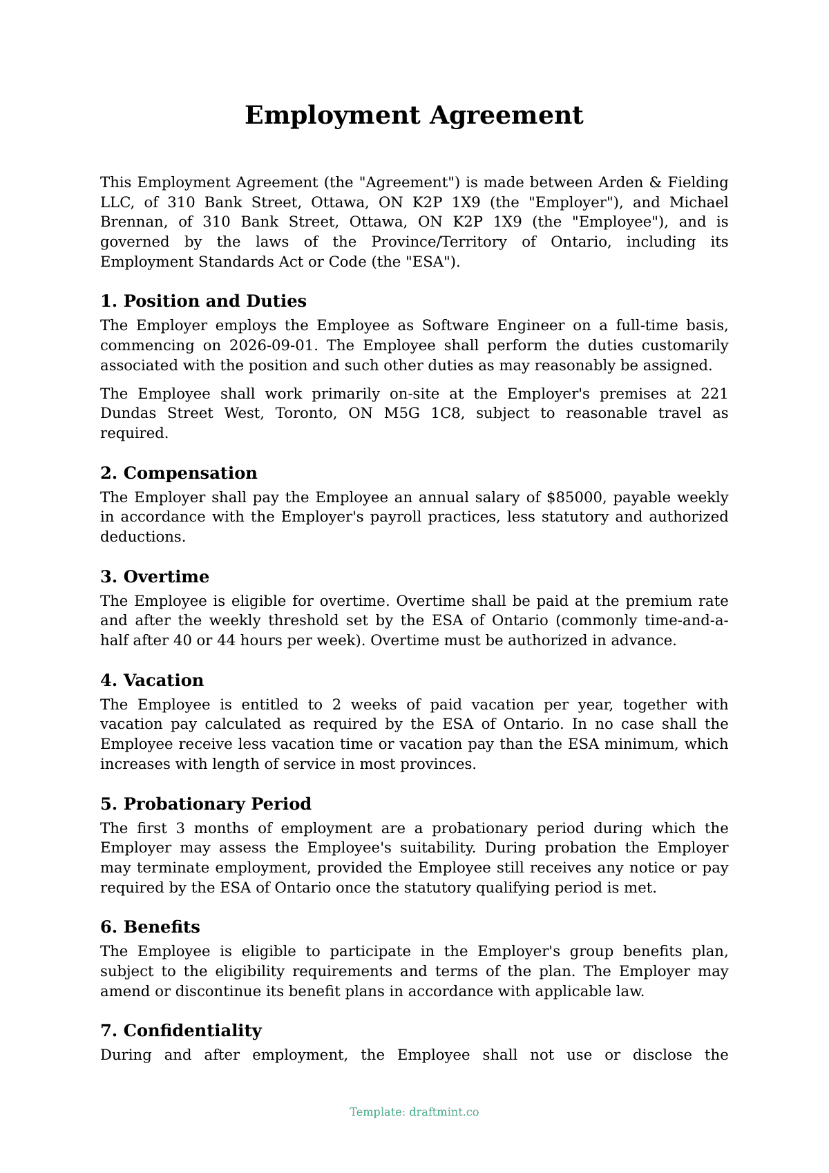 Employment Agreement — filled-in template, sample PDF