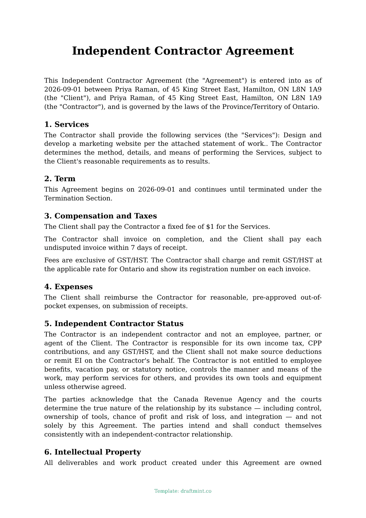 Independent Contractor Agreement — filled-in template, sample PDF