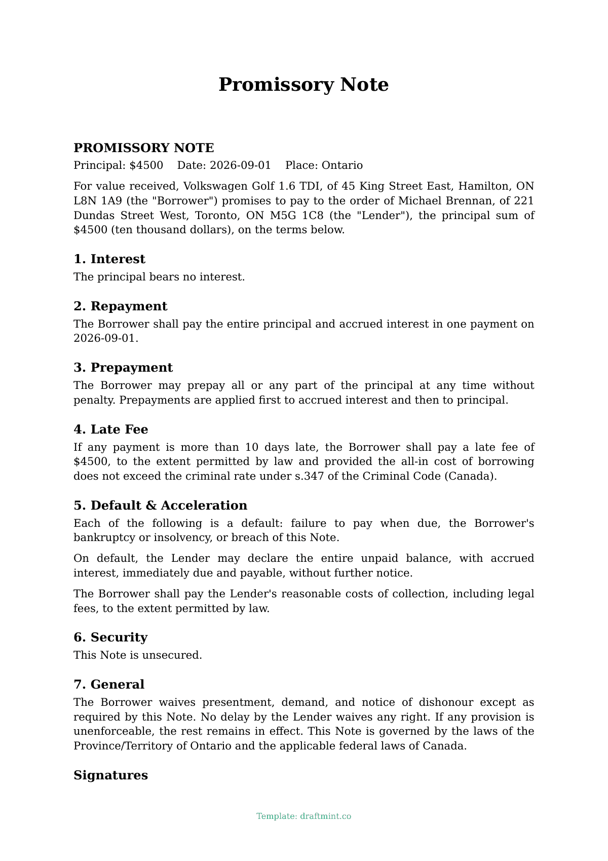 Promissory Note — filled-in template, sample PDF