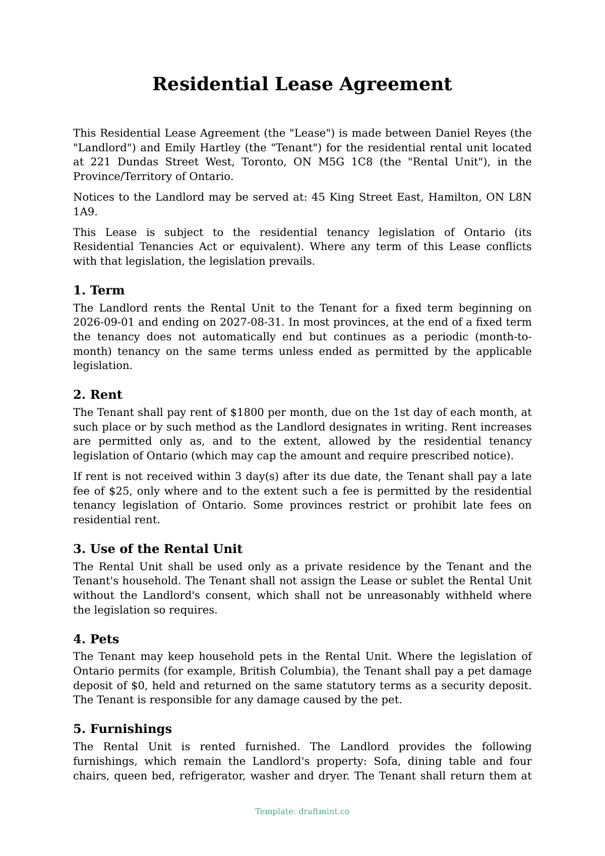 Residential Lease Agreement — filled-in template, sample PDF