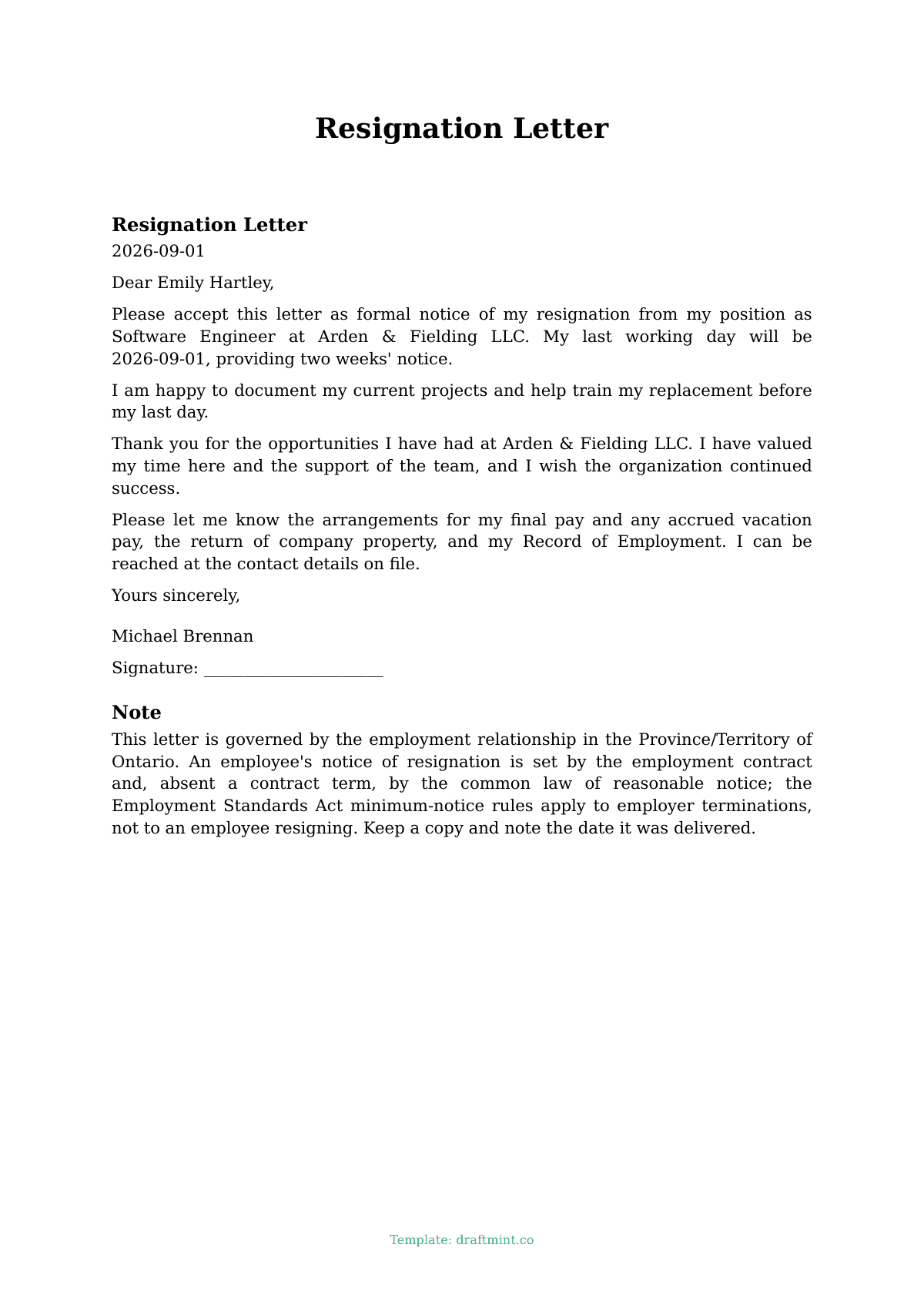 Resignation Letter — filled-in template, sample PDF