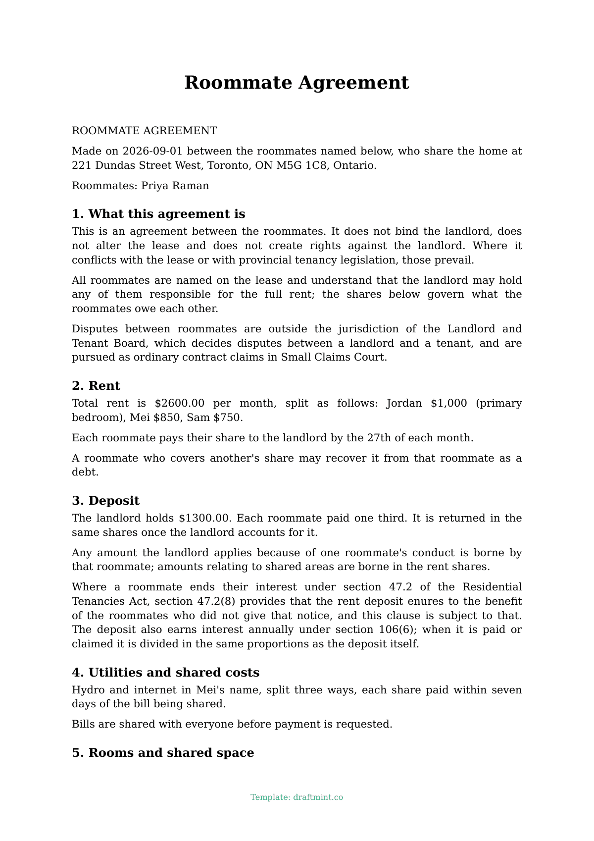 Roommate Agreement — filled-in template, sample PDF