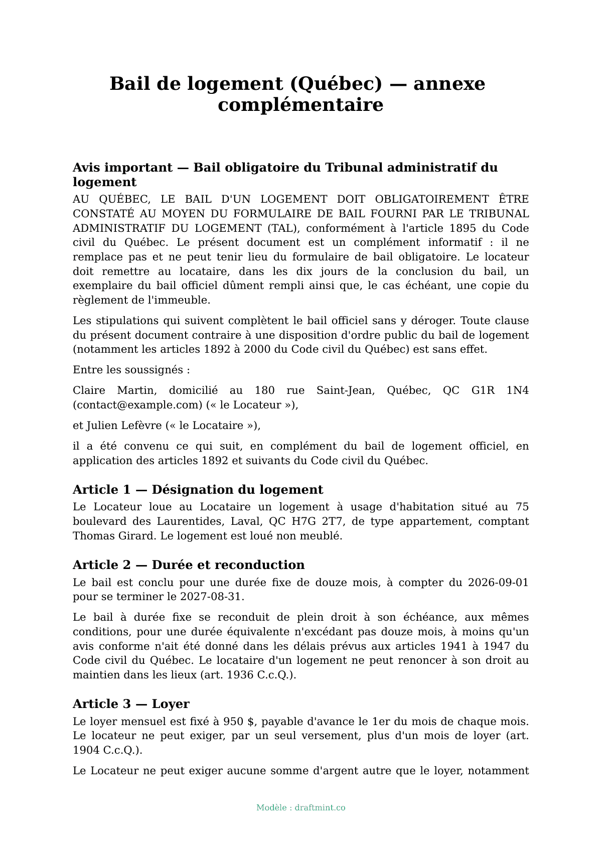 Bail de logement (Québec) — annexe complémentaire — modèle rempli, exemple en PDF