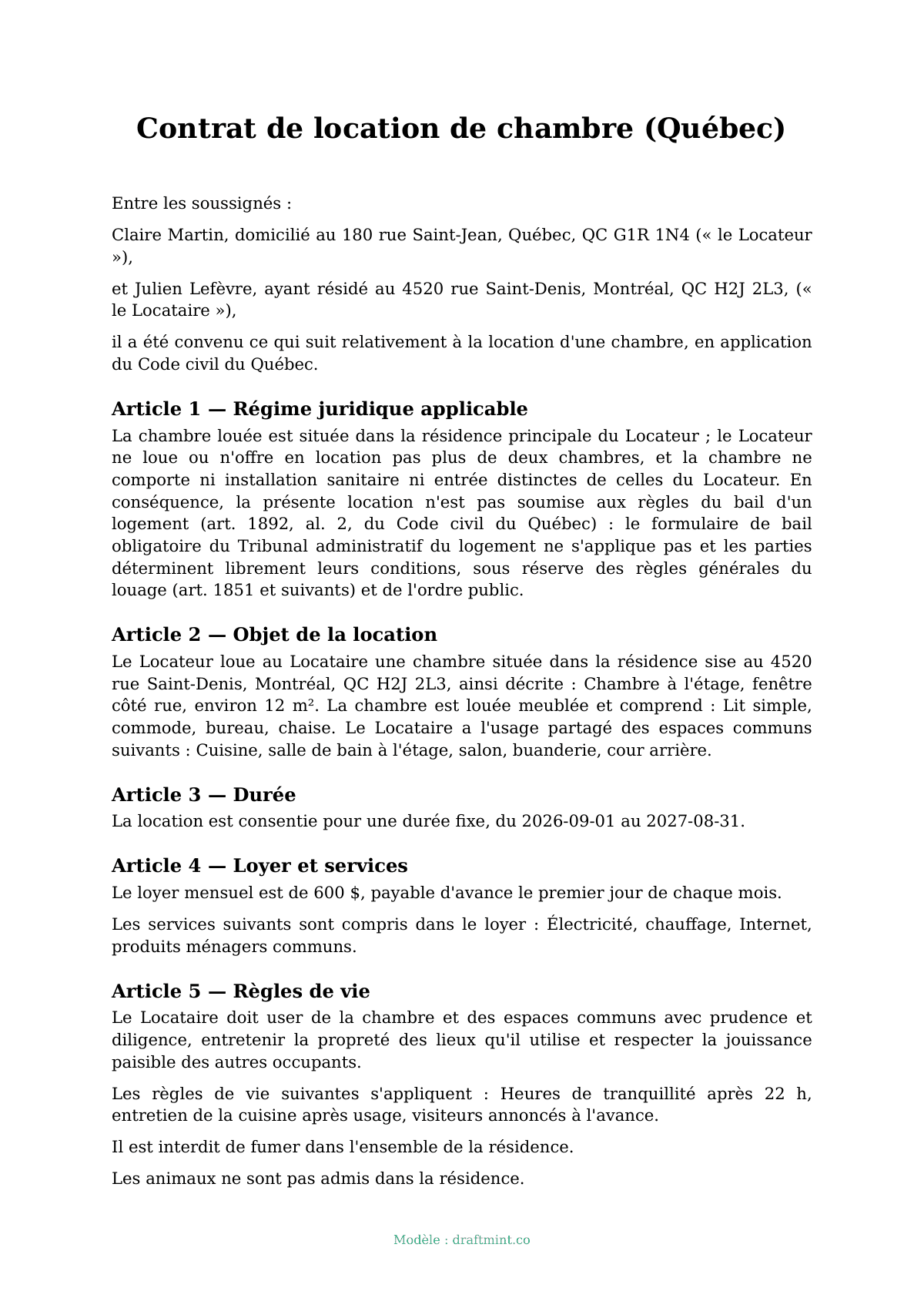 Contrat de location de chambre (Québec) — modèle rempli, exemple en PDF