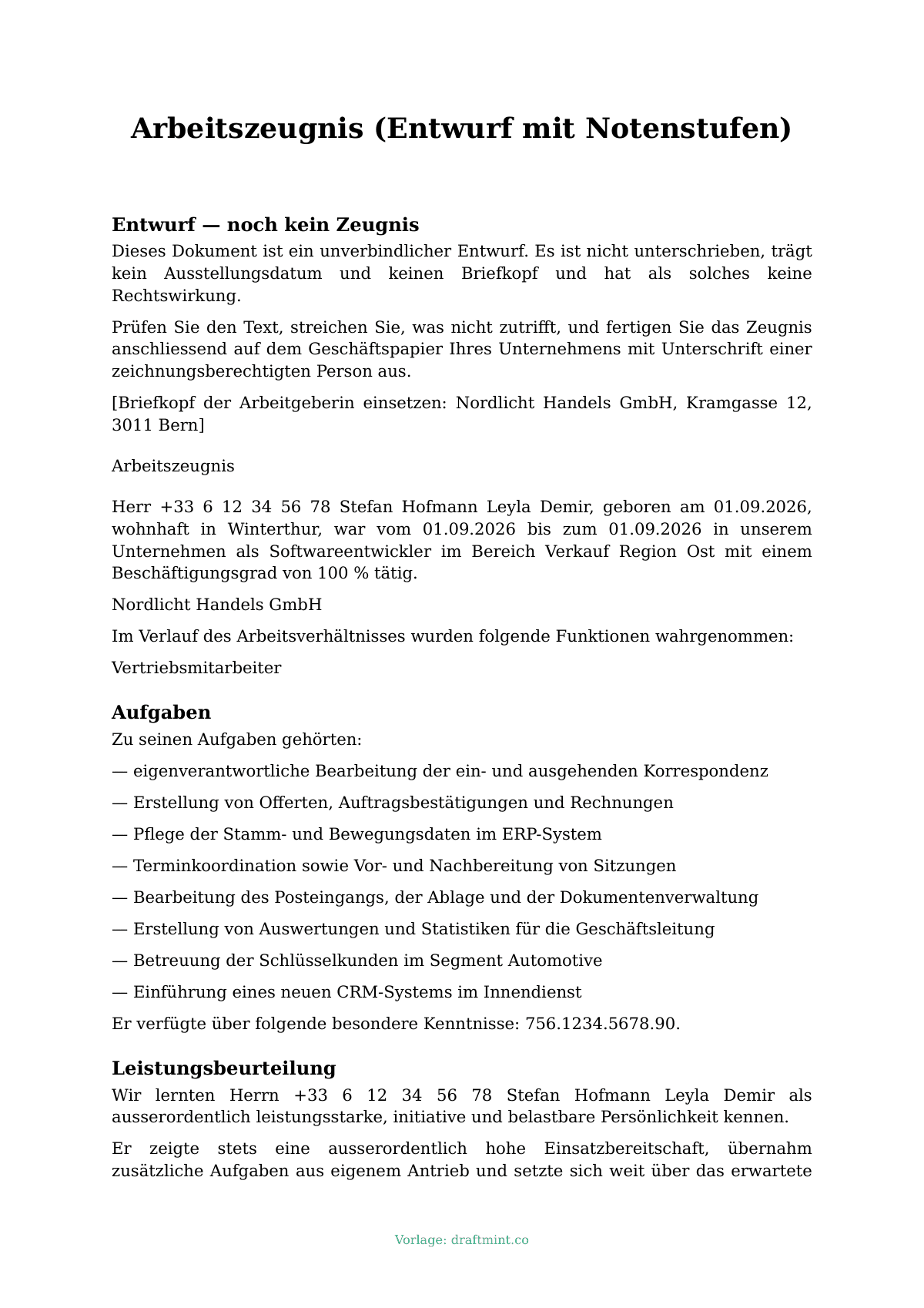 Arbeitszeugnis (Entwurf mit Notenstufen) — ausgefüllte Vorlage, Muster als PDF