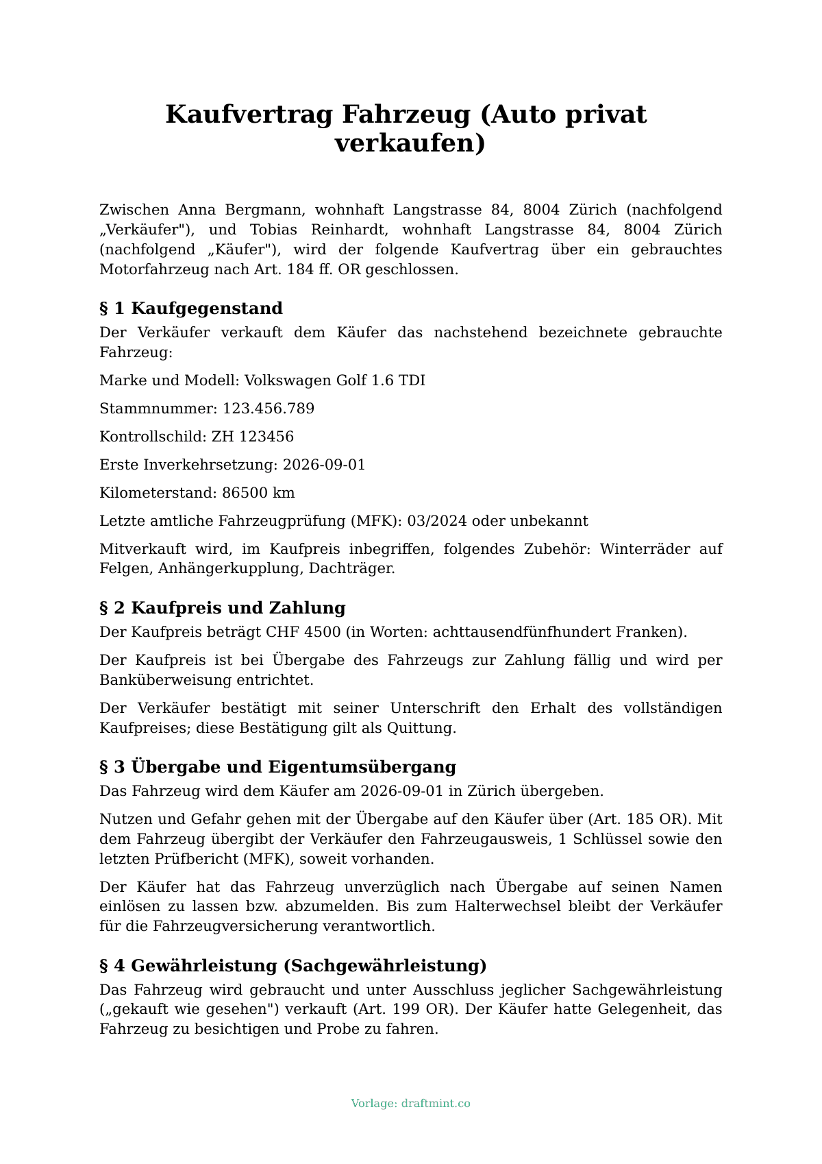 Kaufvertrag Fahrzeug (Auto privat verkaufen) — ausgefüllte Vorlage, Muster als PDF