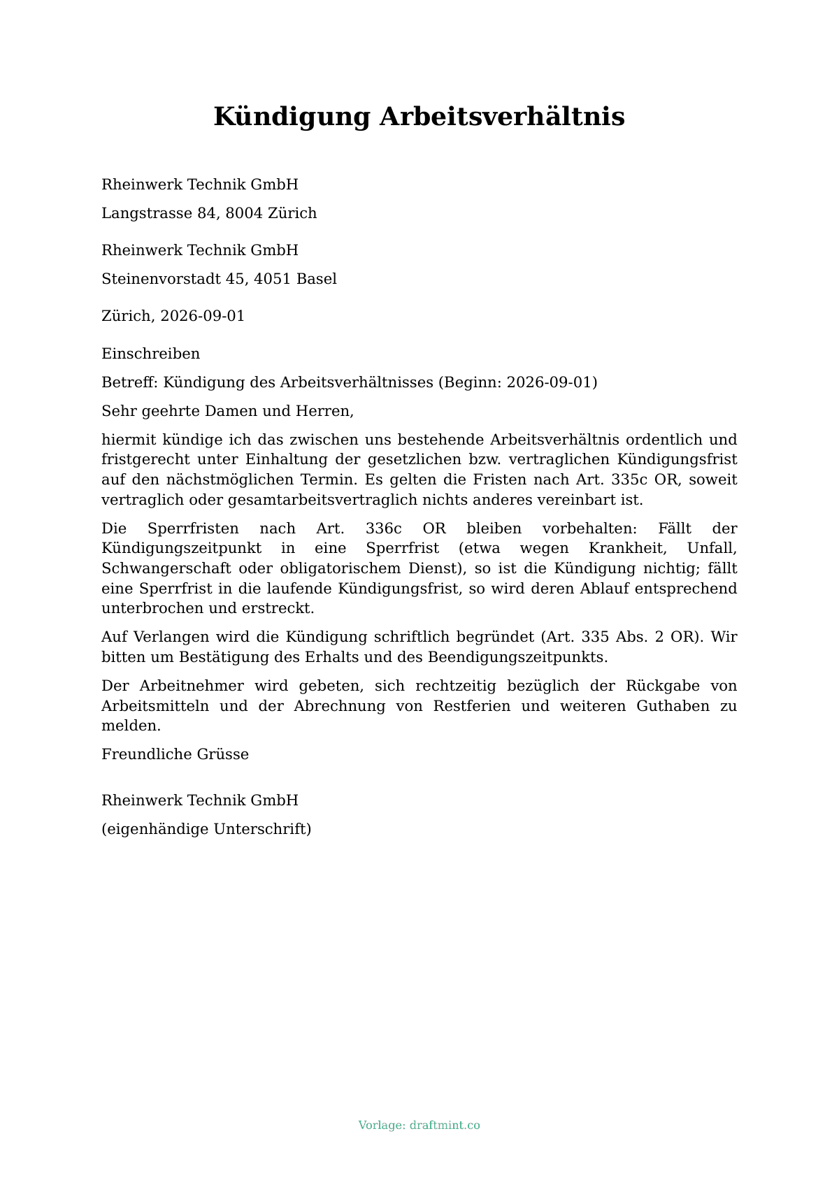 Kündigung Arbeitsverhältnis — ausgefüllte Vorlage, Muster als PDF
