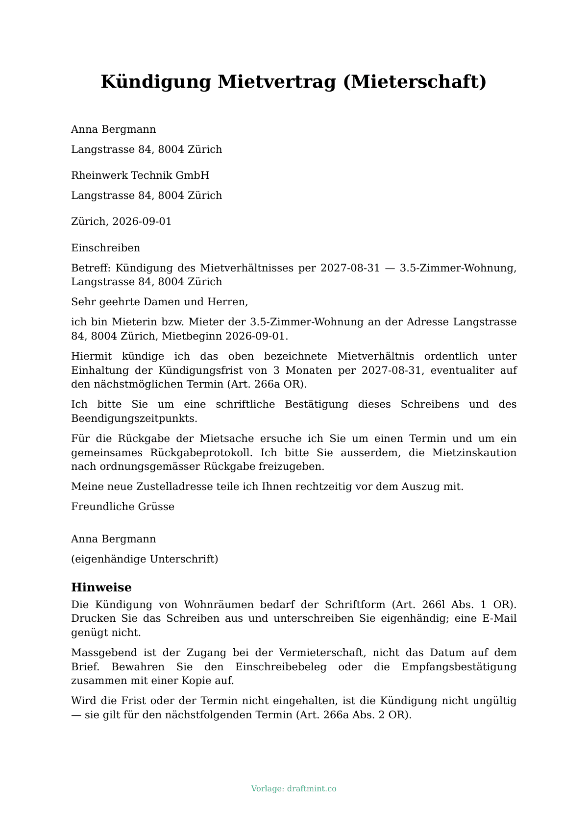 Kündigung Mietvertrag (Mieterschaft) — ausgefüllte Vorlage, Muster als PDF