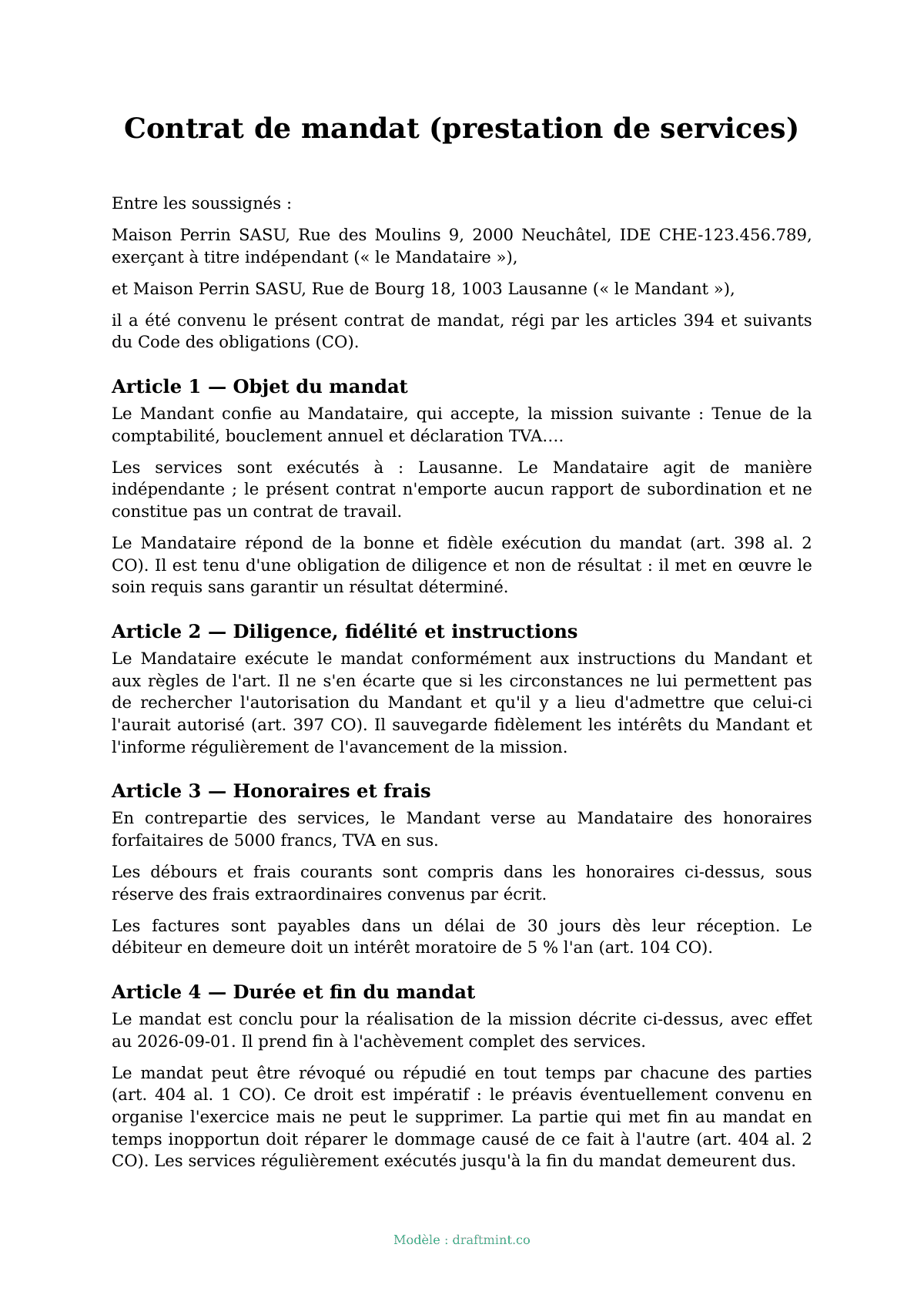 Contrat de mandat (prestation de services) — modèle rempli, exemple en PDF