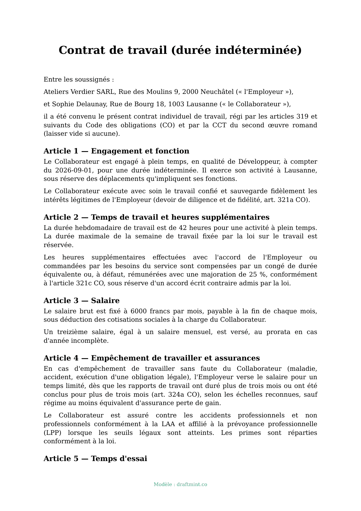 Contrat de travail (durée indéterminée) — modèle rempli, exemple en PDF