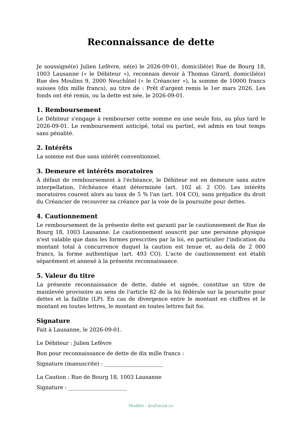 Reconnaissance de dette — modèle rempli, exemple en PDF