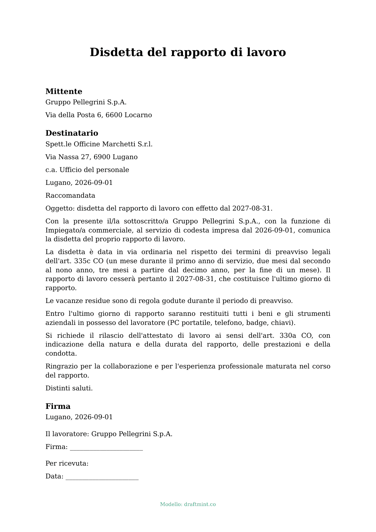 Disdetta del rapporto di lavoro — modello compilato, esempio in PDF