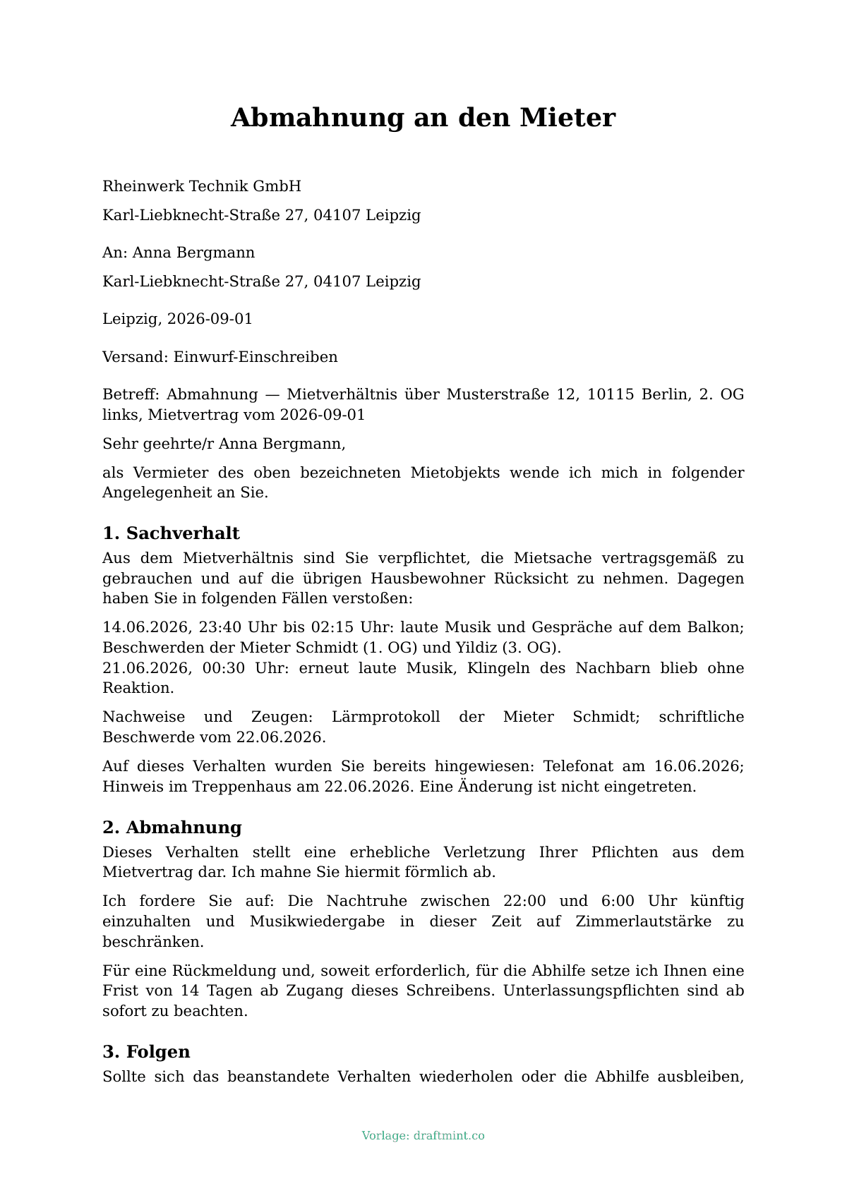 Abmahnung an den Mieter — ausgefüllte Vorlage, Muster als PDF