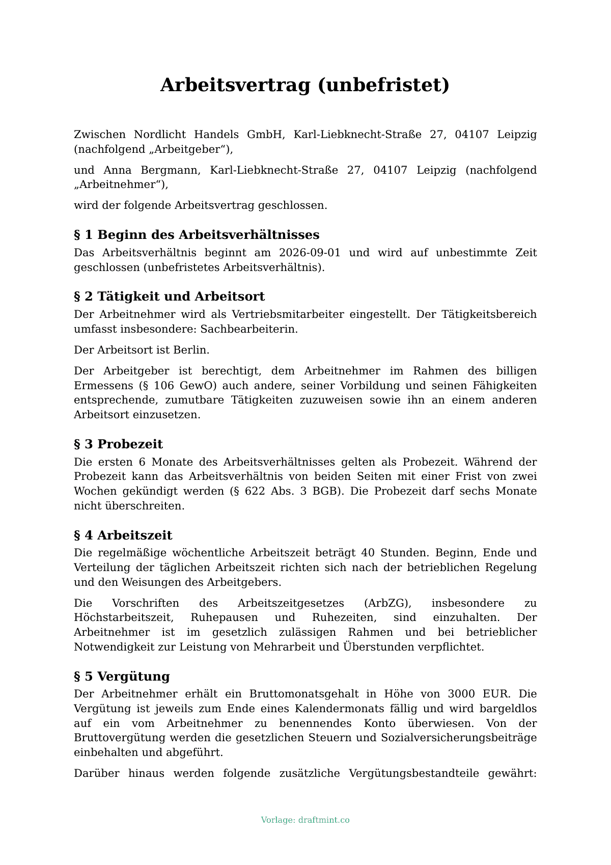 Arbeitsvertrag (unbefristet) — ausgefüllte Vorlage, Muster als PDF