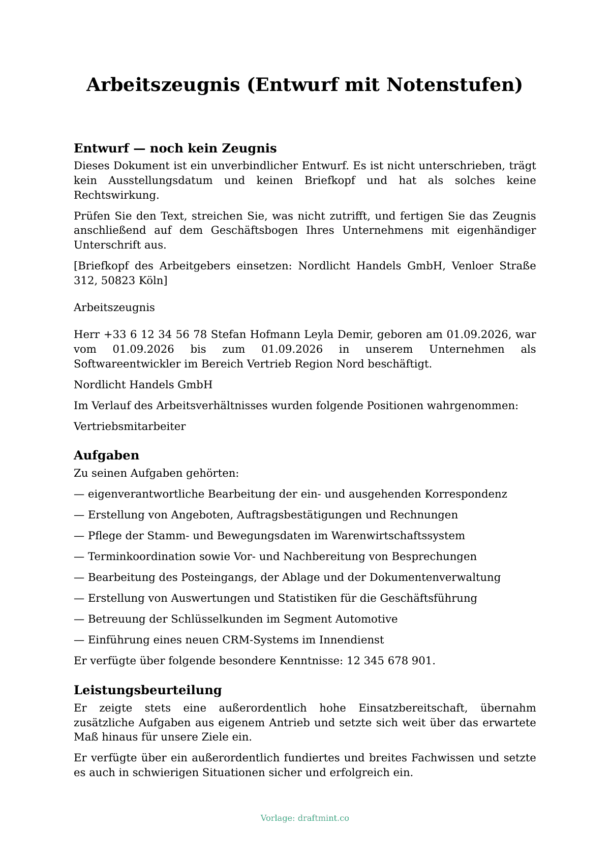 Arbeitszeugnis (Entwurf mit Notenstufen) — ausgefüllte Vorlage, Muster als PDF