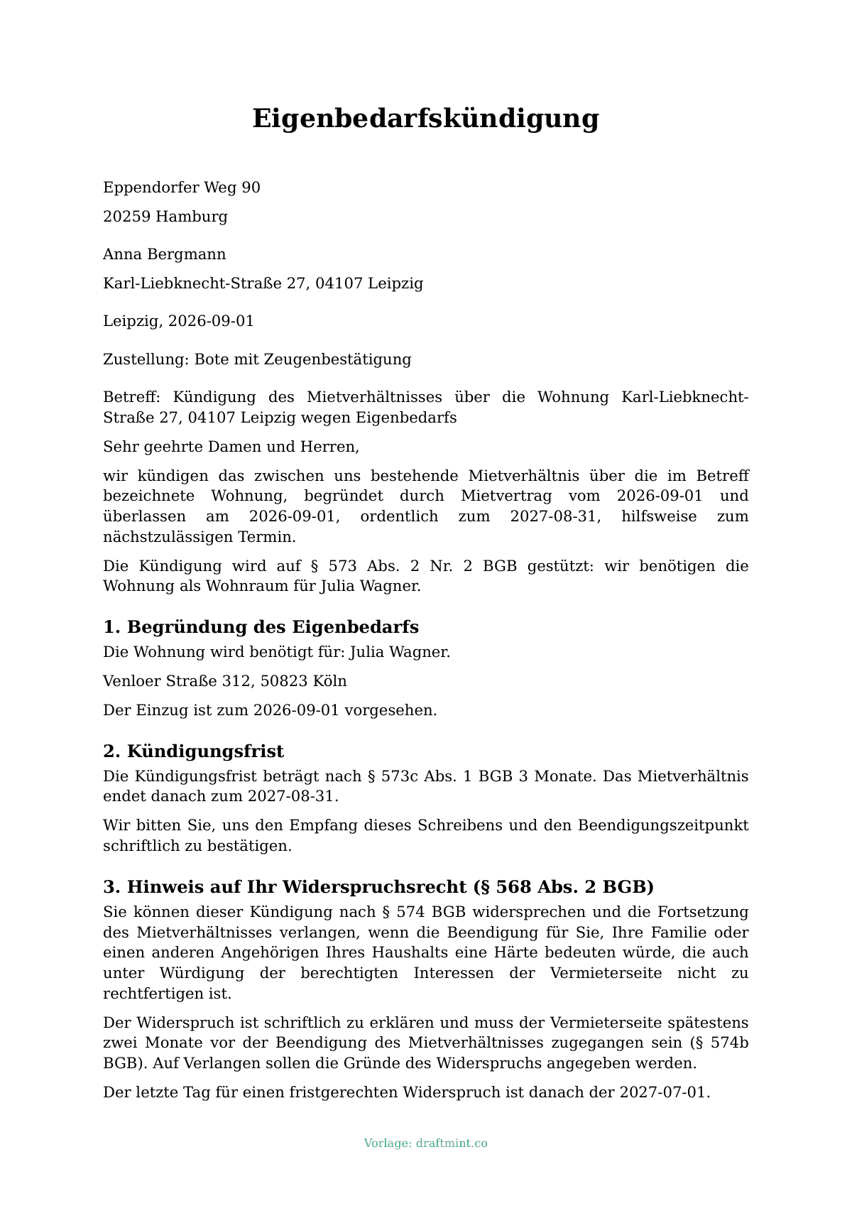 Eigenbedarfskündigung — ausgefüllte Vorlage, Muster als PDF
