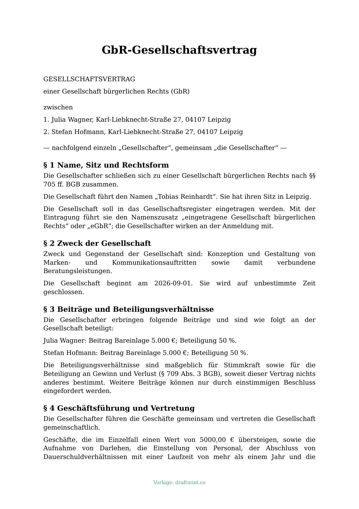 GbR-Gesellschaftsvertrag — ausgefüllte Vorlage, Muster als PDF