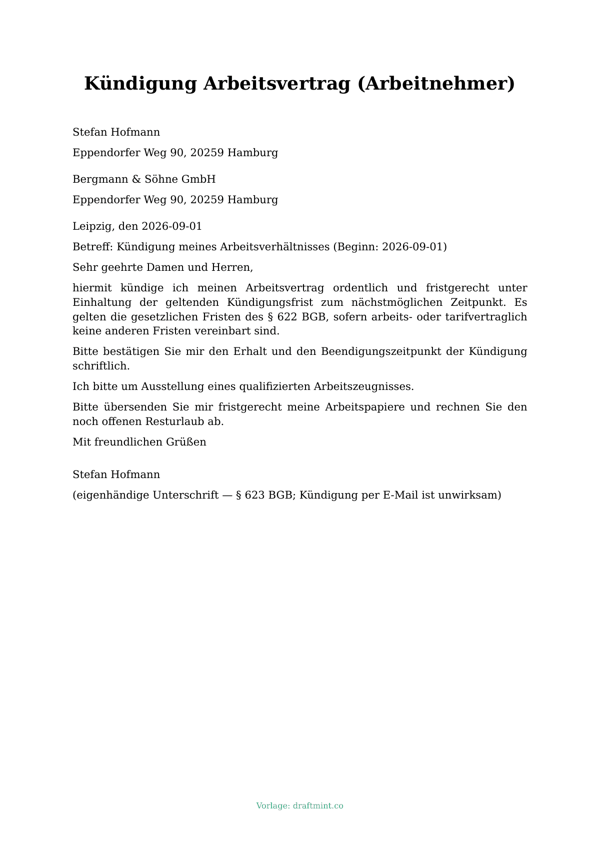 Kündigung Arbeitsvertrag (Arbeitnehmer) — ausgefüllte Vorlage, Muster als PDF