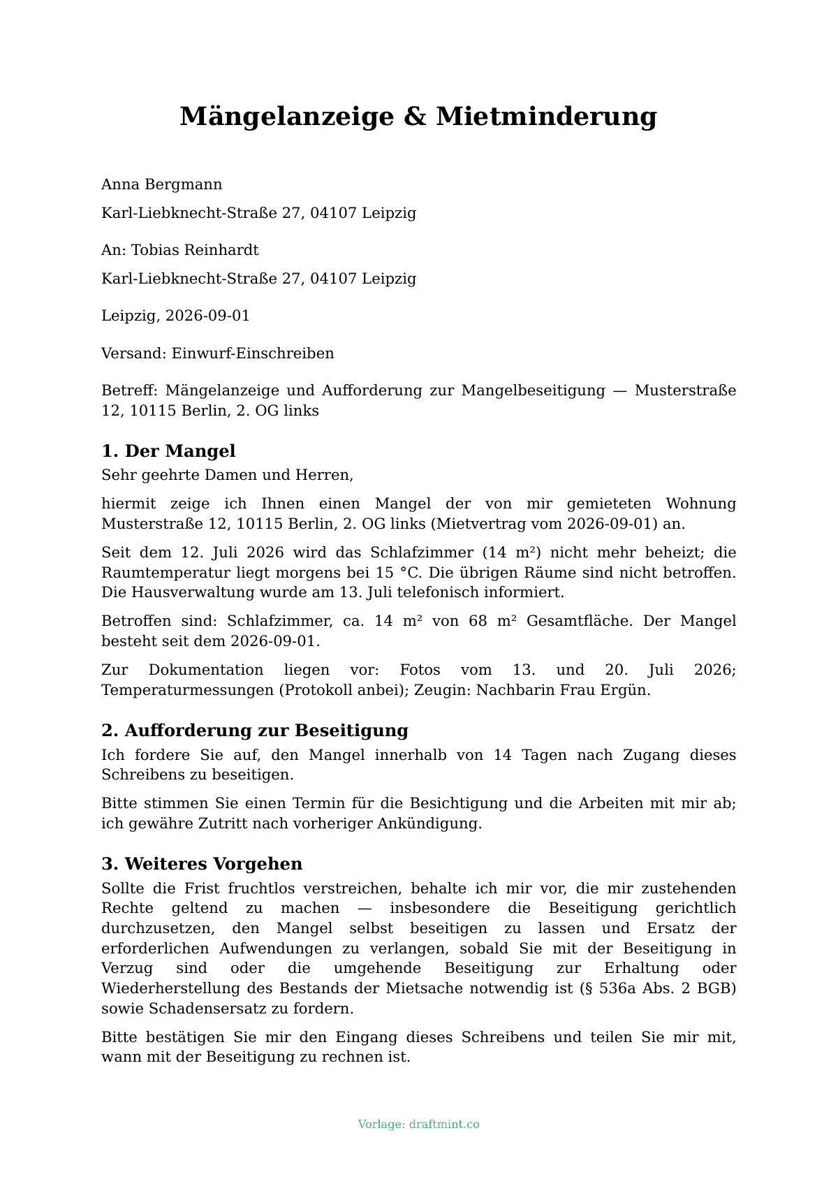 Mängelanzeige & Mietminderung — ausgefüllte Vorlage, Muster als PDF
