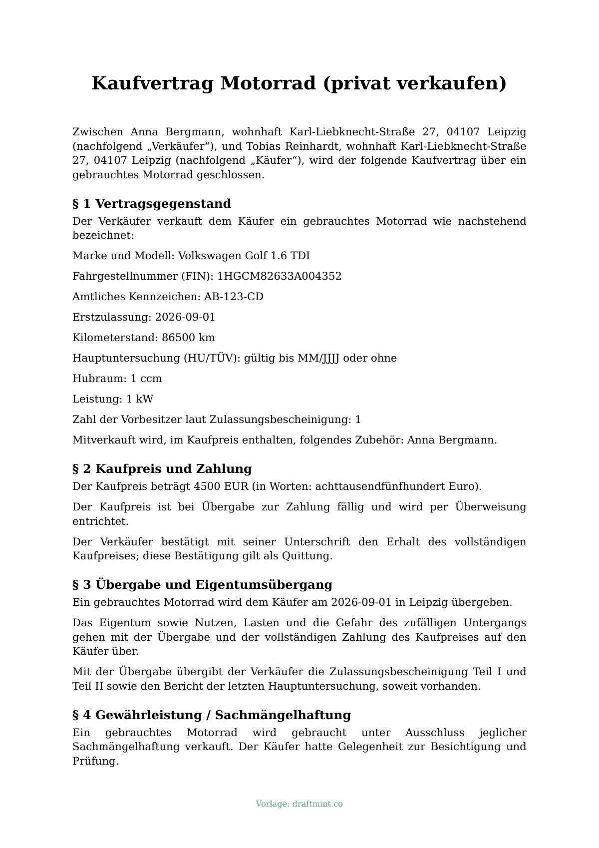 Kaufvertrag Motorrad (privat verkaufen) — ausgefüllte Vorlage, Muster als PDF