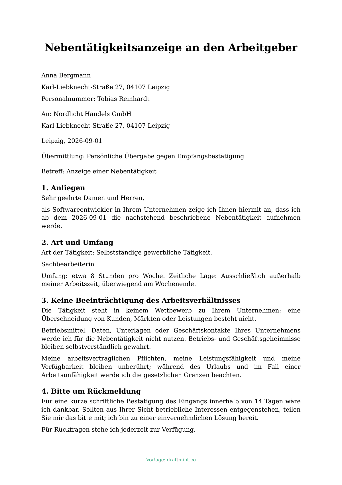 Nebentätigkeitsanzeige an den Arbeitgeber — ausgefüllte Vorlage, Muster als PDF