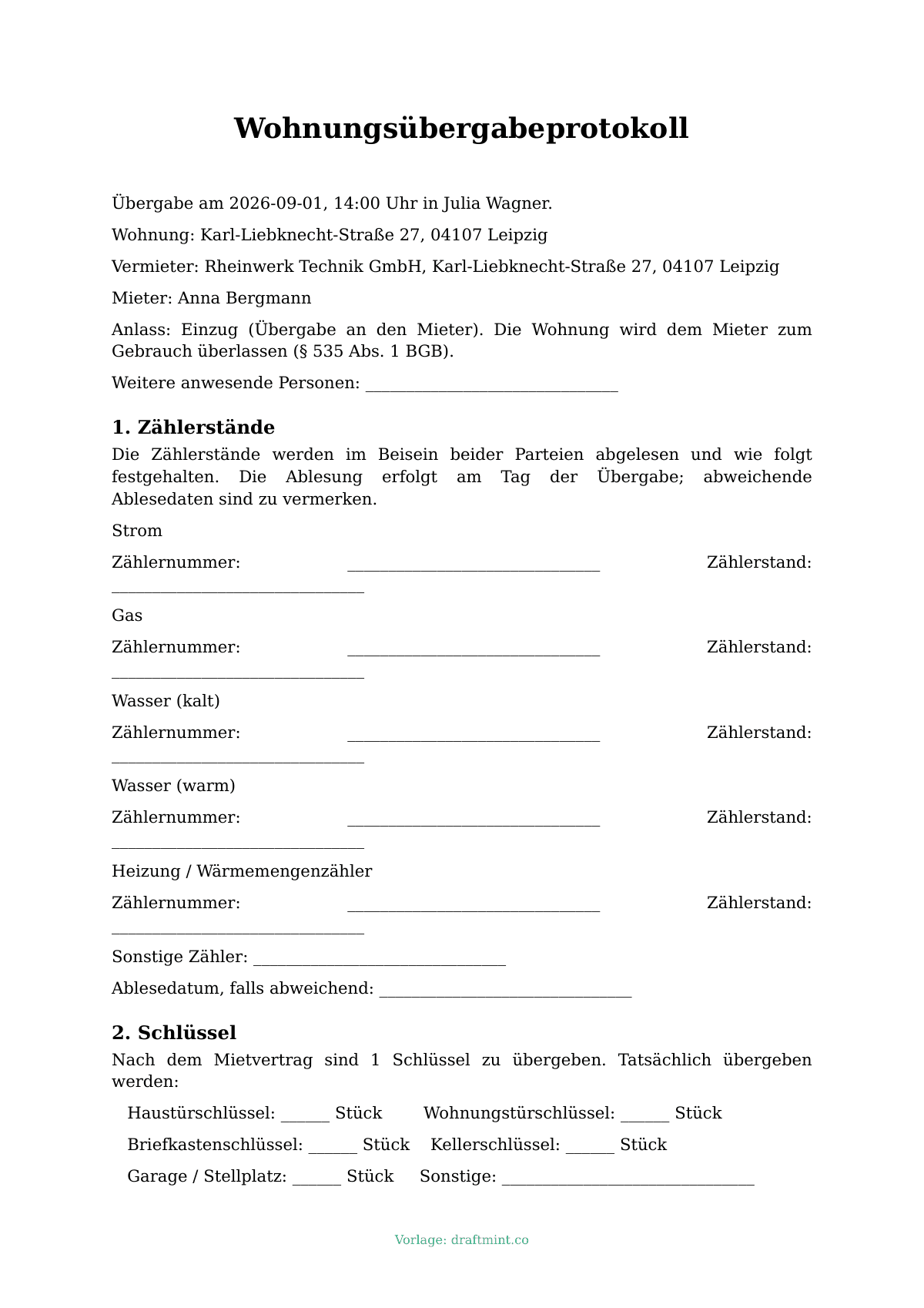 Wohnungsübergabeprotokoll — ausgefüllte Vorlage, Muster als PDF