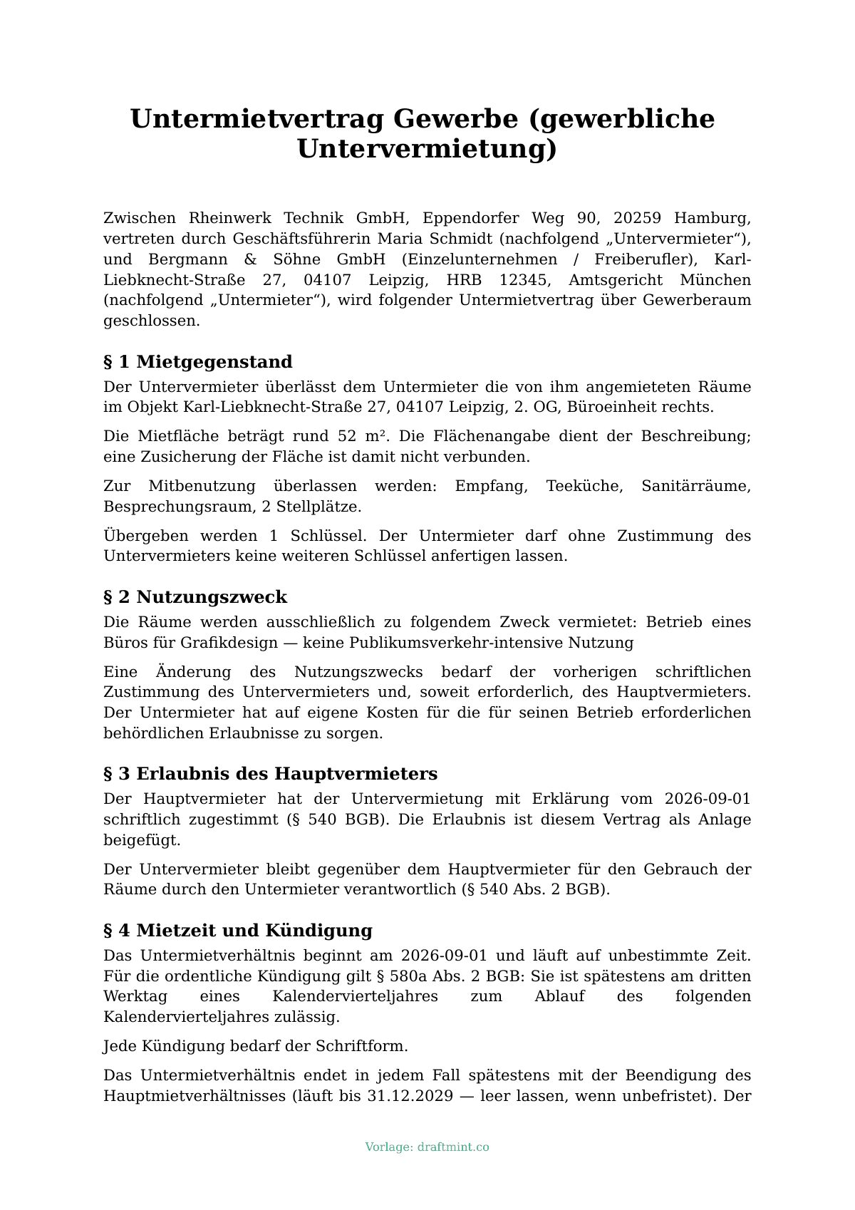 Untermietvertrag Gewerbe (gewerbliche Untervermietung) — ausgefüllte Vorlage, Muster als PDF