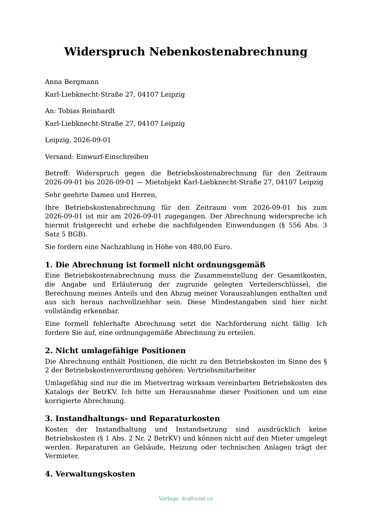 Widerspruch Nebenkostenabrechnung — ausgefüllte Vorlage, Muster als PDF
