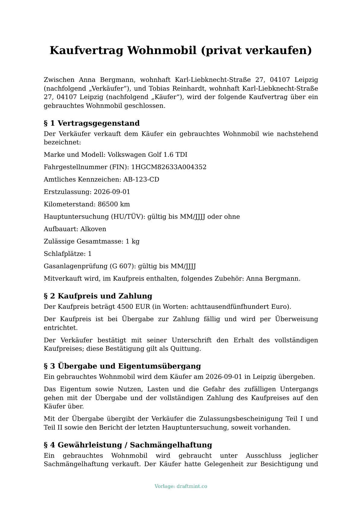 Kaufvertrag Wohnmobil (privat verkaufen) — ausgefüllte Vorlage, Muster als PDF