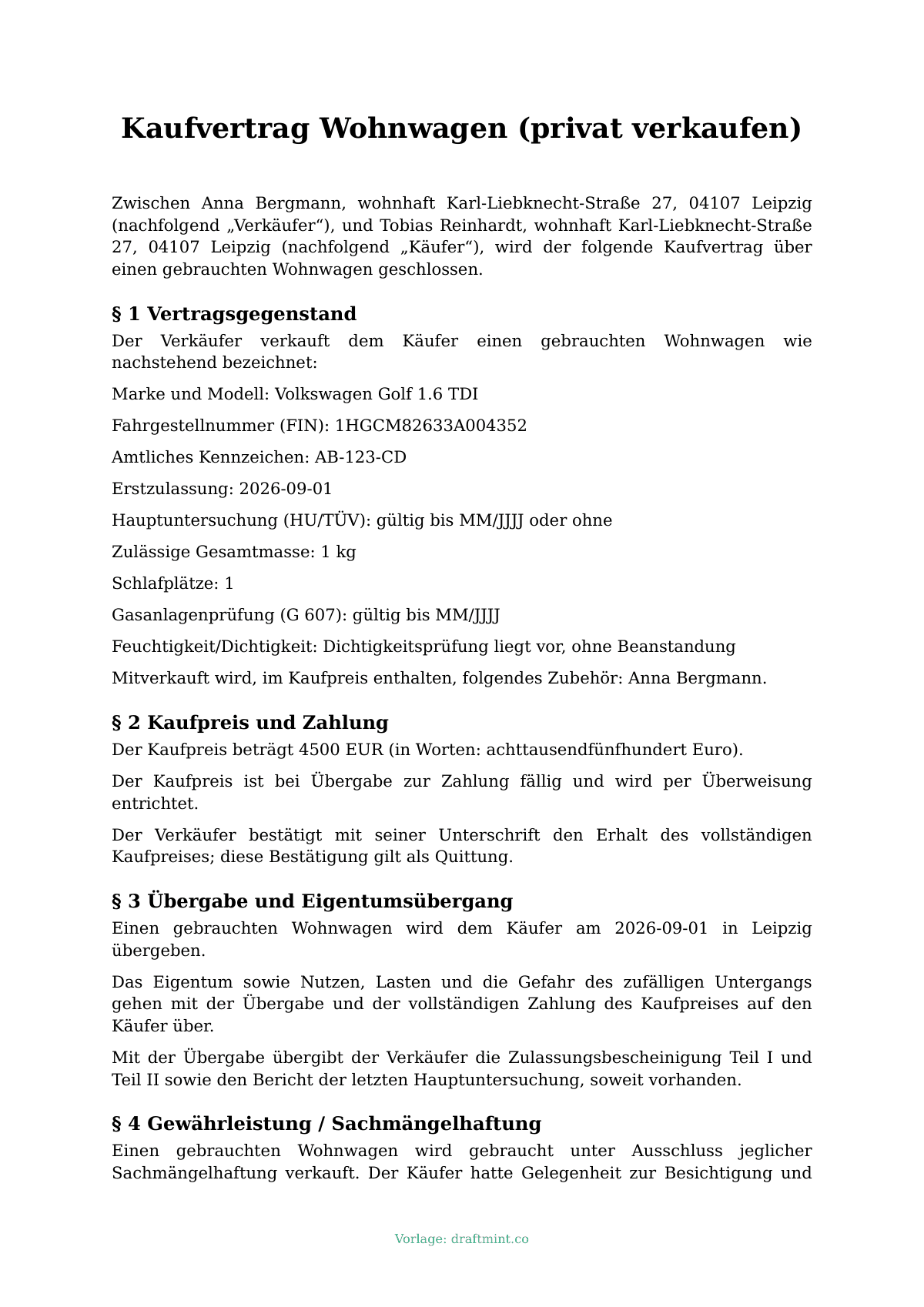 Kaufvertrag Wohnwagen (privat verkaufen) — ausgefüllte Vorlage, Muster als PDF