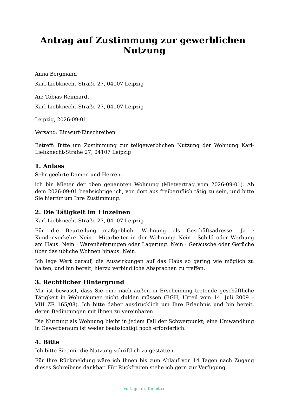 Antrag auf Zustimmung zur gewerblichen Nutzung — ausgefüllte Vorlage, Muster als PDF