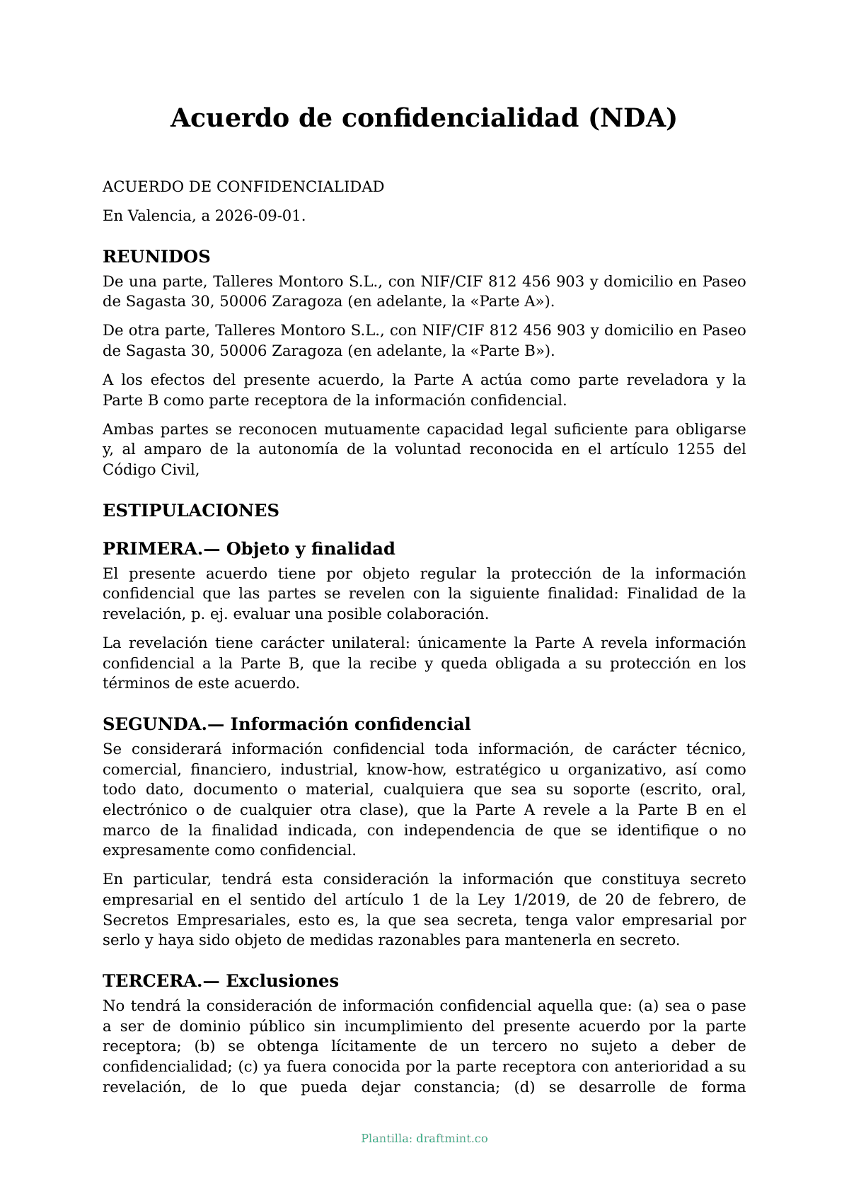 Acuerdo de confidencialidad (NDA) — modelo rellenado, ejemplo en PDF